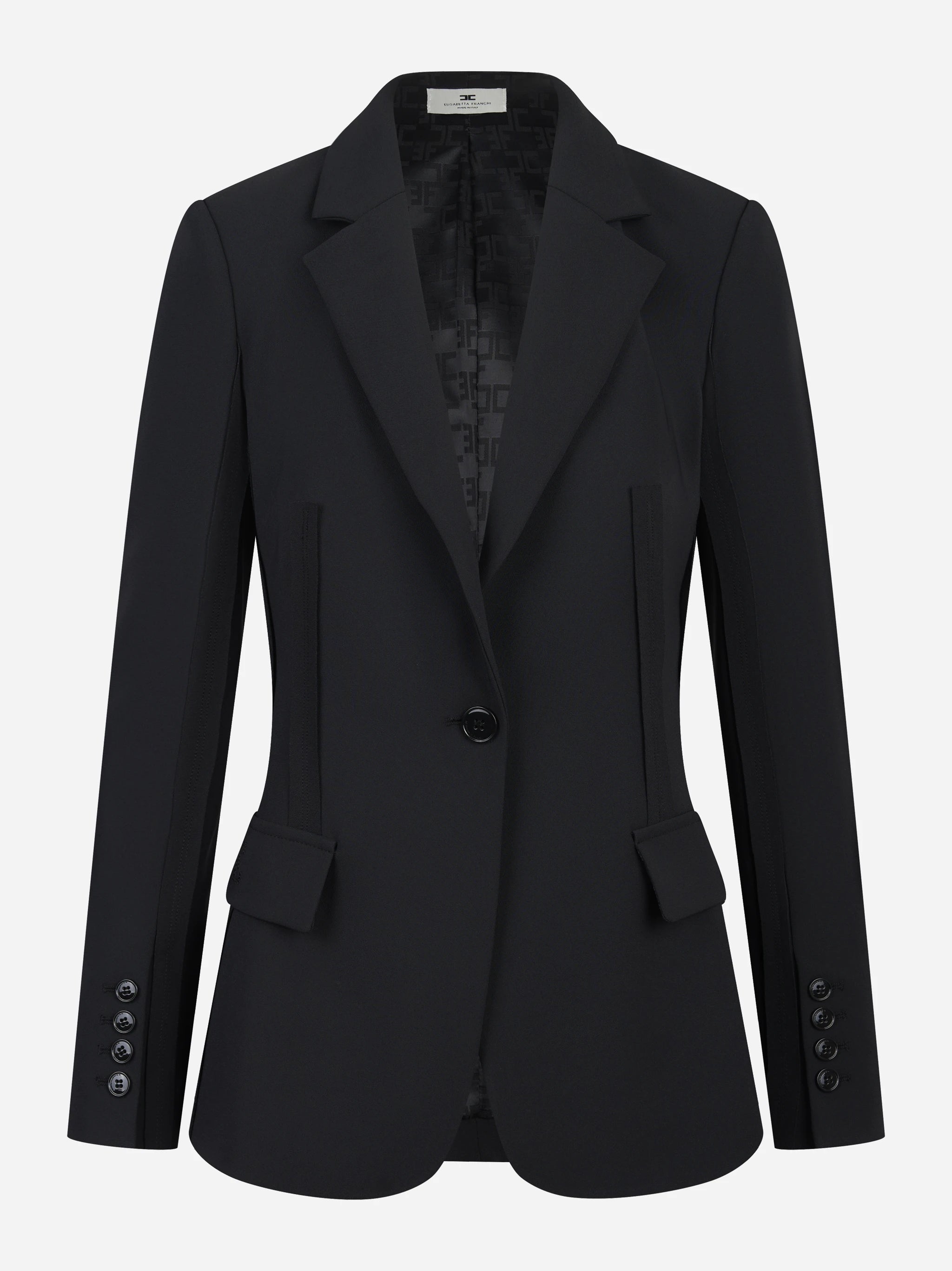 Blazer nero in doppio crepe stretch con motivi a taglio vivo