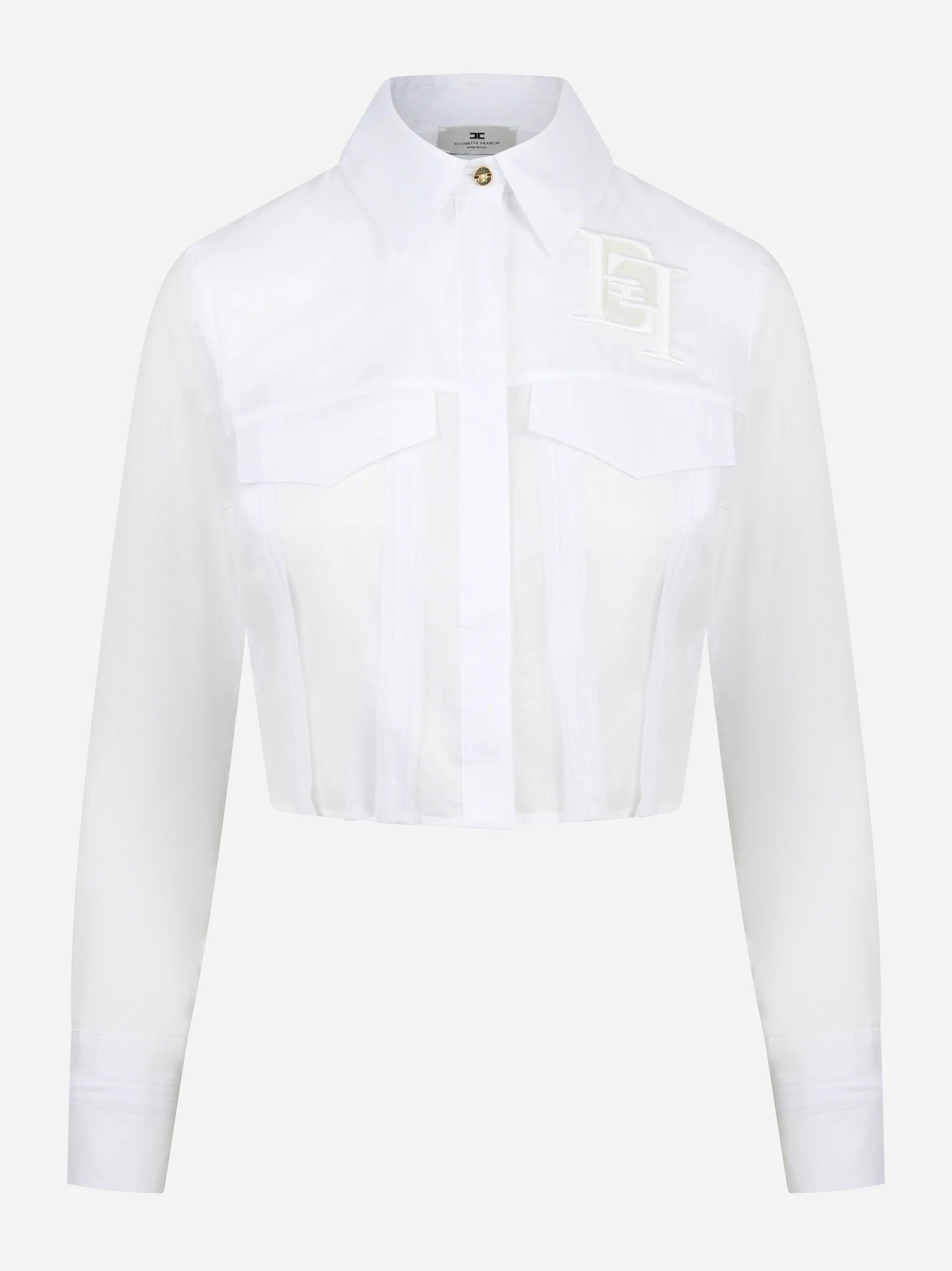 Camicia in cotone bianco con patte e ricami
