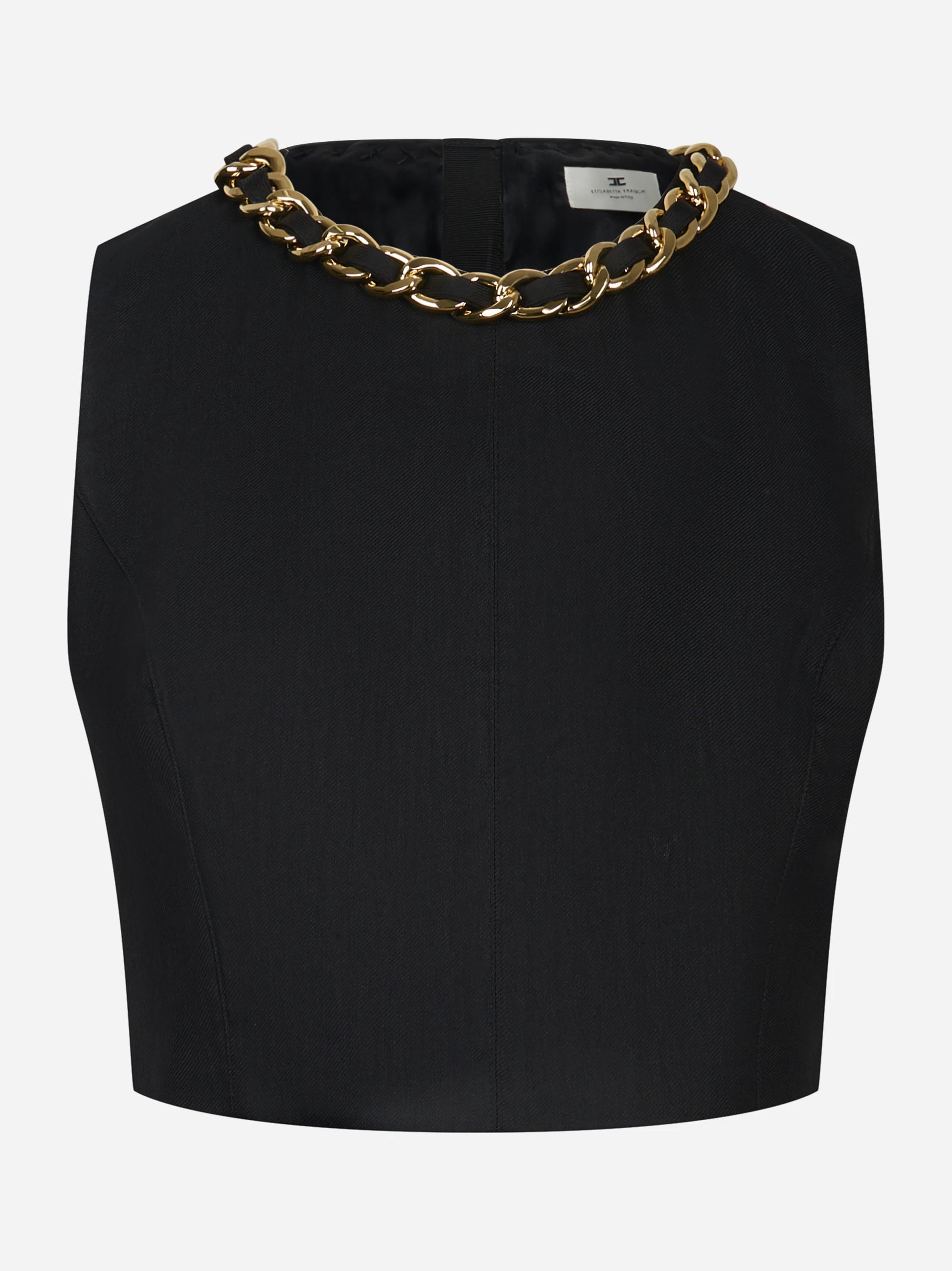 Top in misto lino con catena gioiello nero