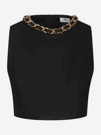 Top in misto lino con catena gioiello nero