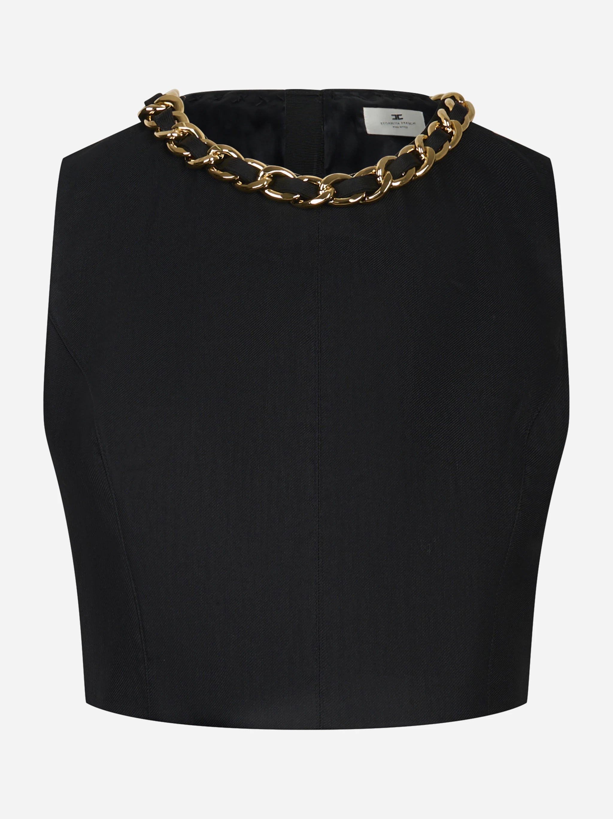 Top in misto lino con catena gioiello nero