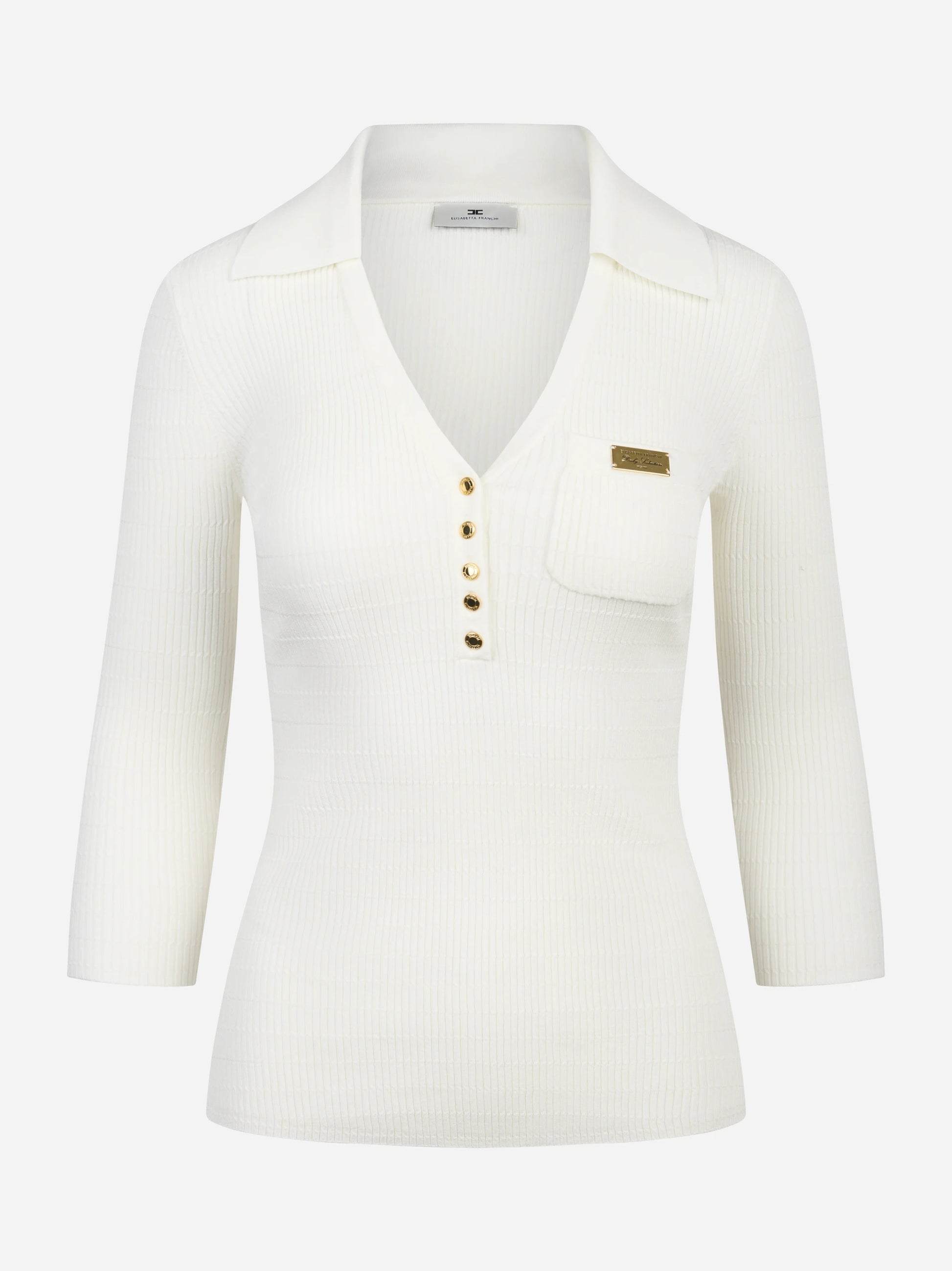 Polo bianca in maglia a micro trecce