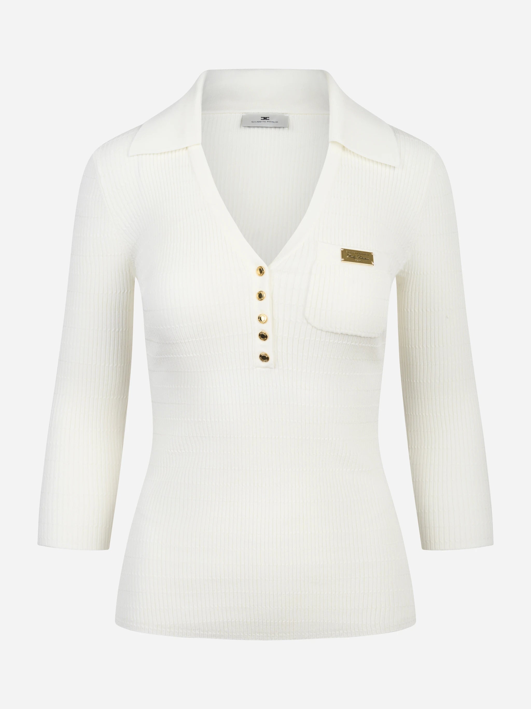 Polo bianca in maglia a micro trecce