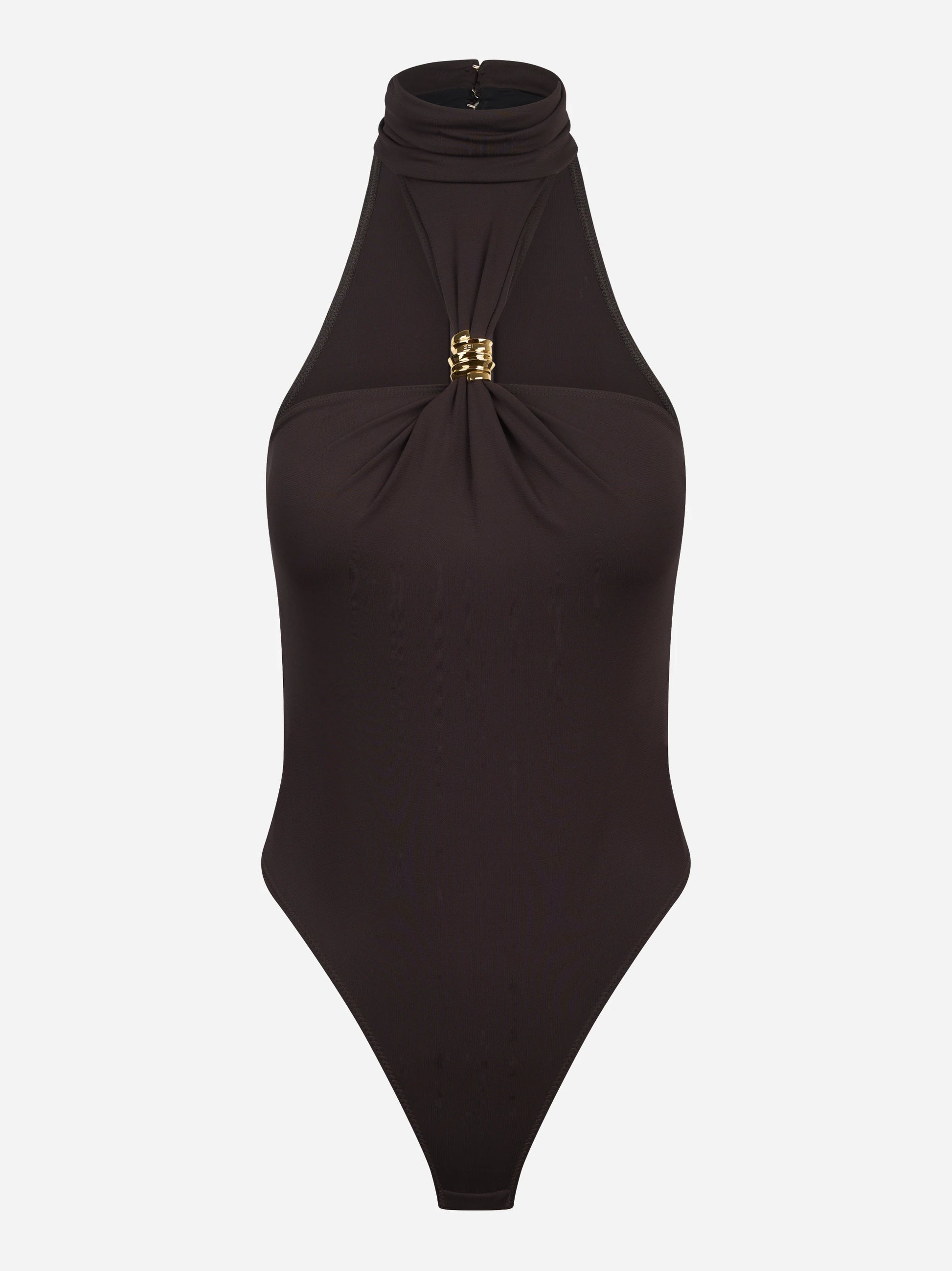 Body in jersey marrone crepe con dettaglio gioiello