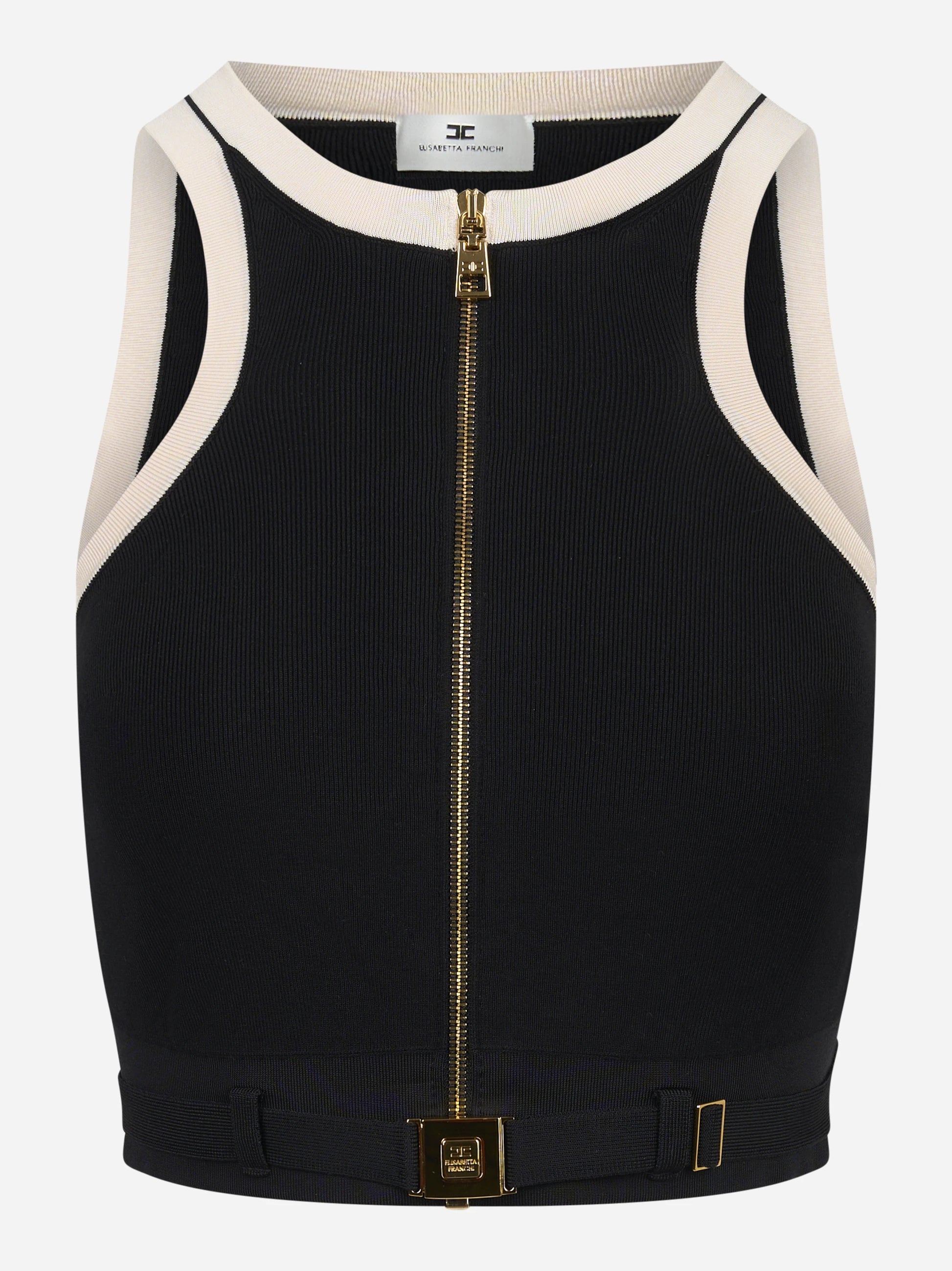 Top in maglia nero con bande in viscosa lucida con cintura