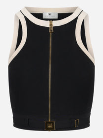 Top in maglia nero con bande in viscosa lucida con cintura