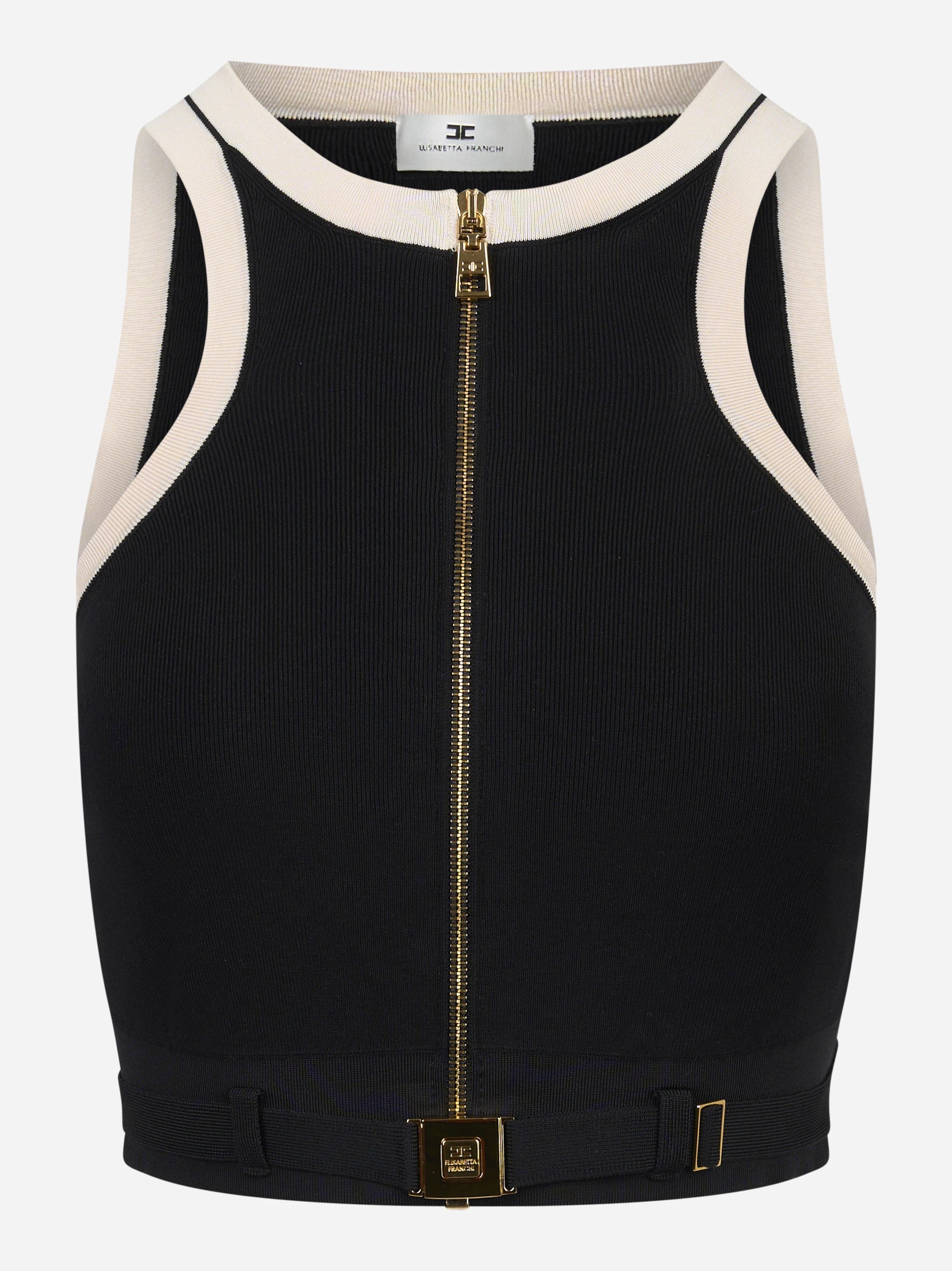 Top in maglia nero con bande in viscosa lucida con cintura