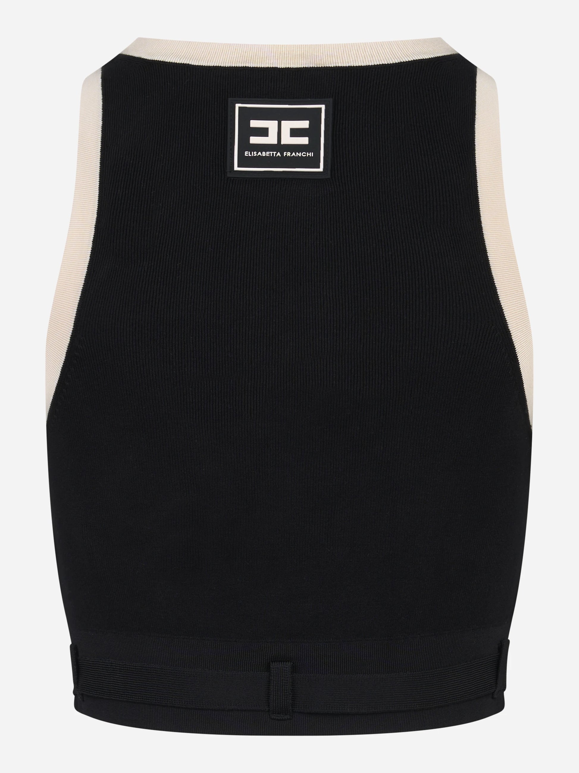 Top in maglia nero con bande in viscosa lucida con cintura