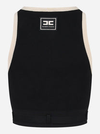Top in maglia nero con bande in viscosa lucida con cintura