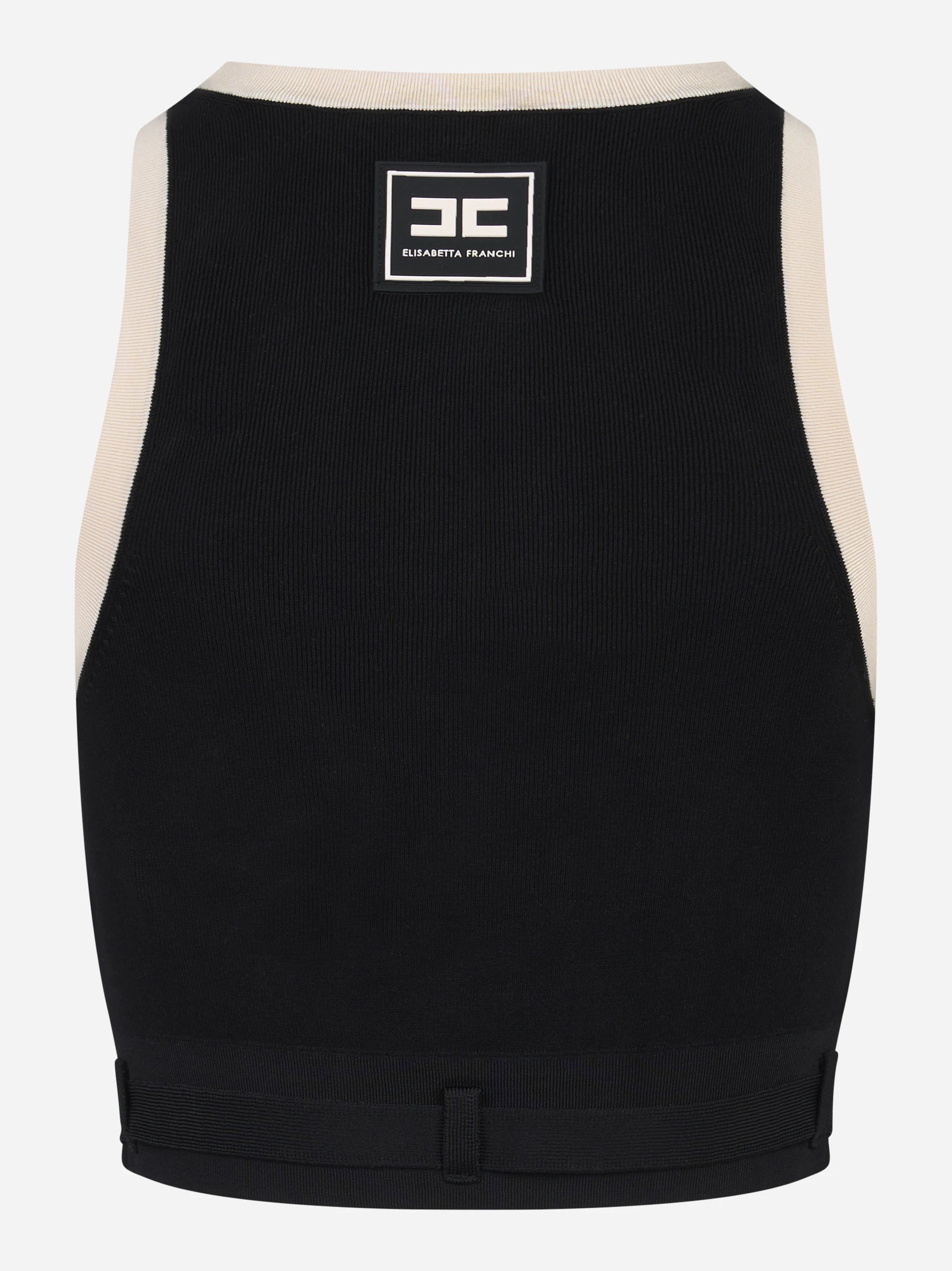 Top in maglia nero con bande in viscosa lucida con cintura