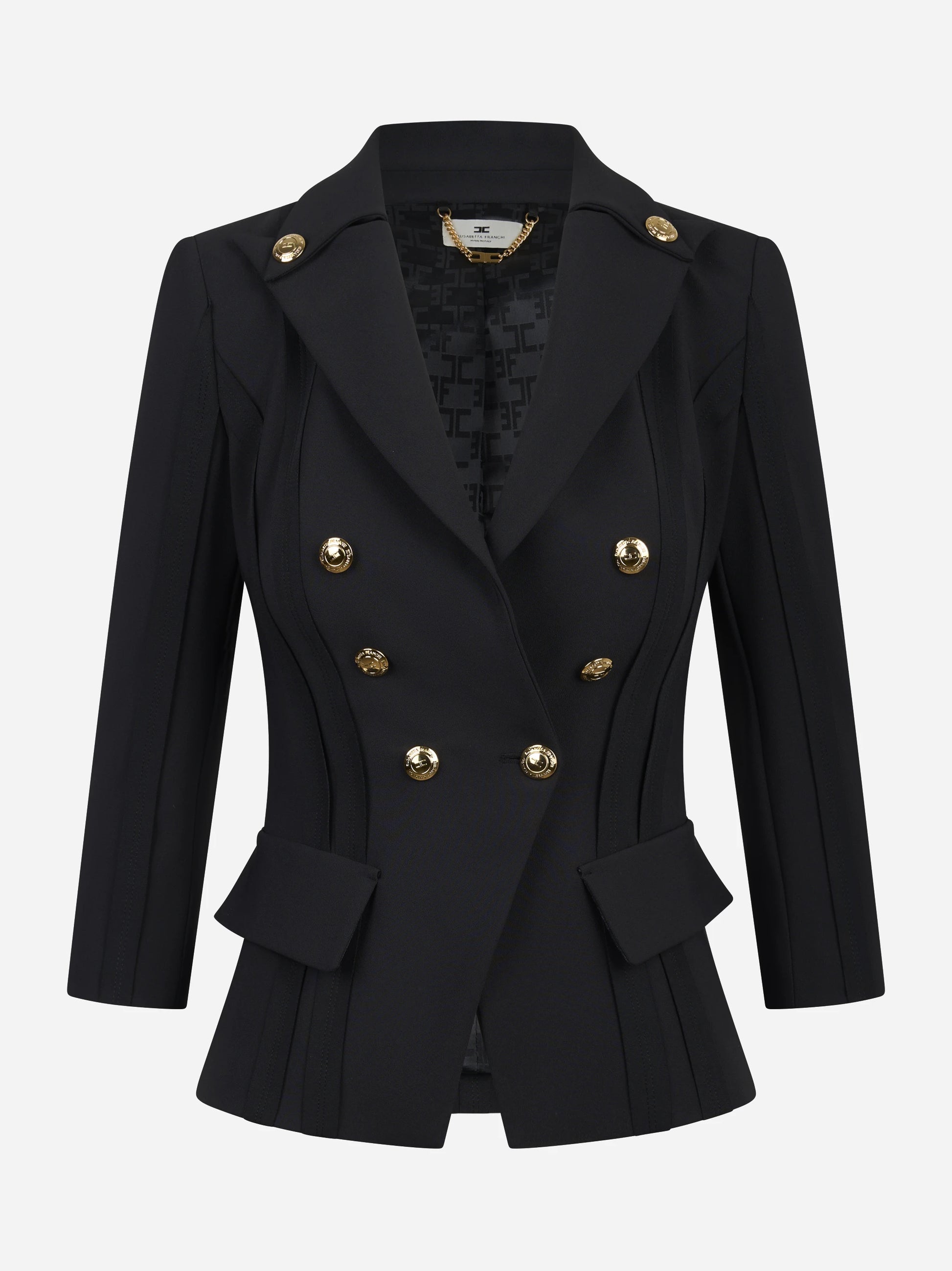 Blazer nero in doppio crêpe stretch con motivi a taglio vivo