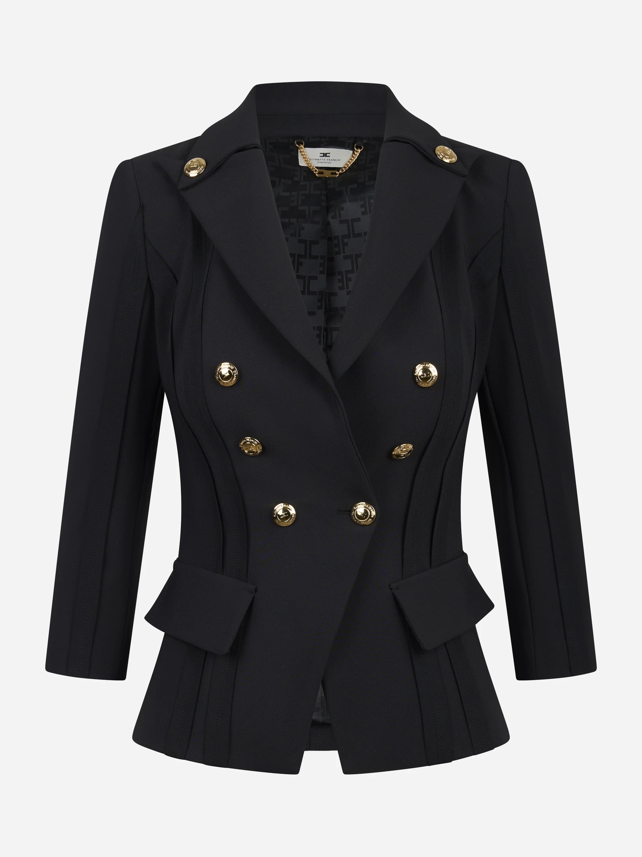 Blazer nero in doppio crêpe stretch con motivi a taglio vivo