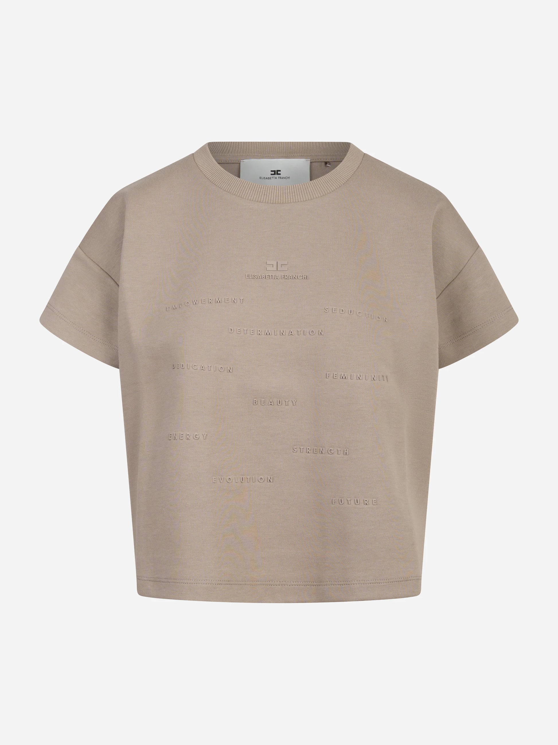 T-shirt beige in jersey con stampa lettering