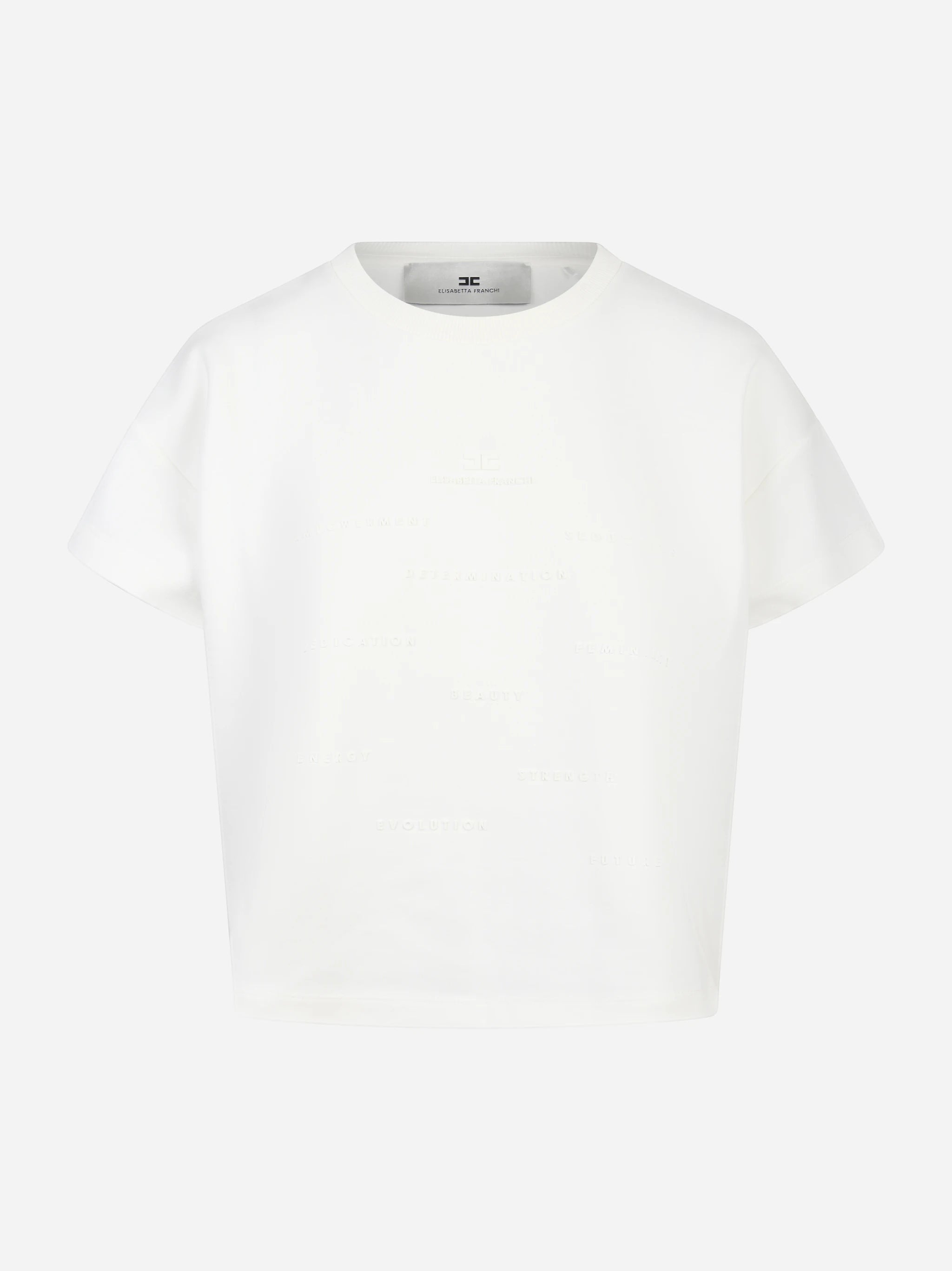 T-shirt bianca in jersey con stampa lettering