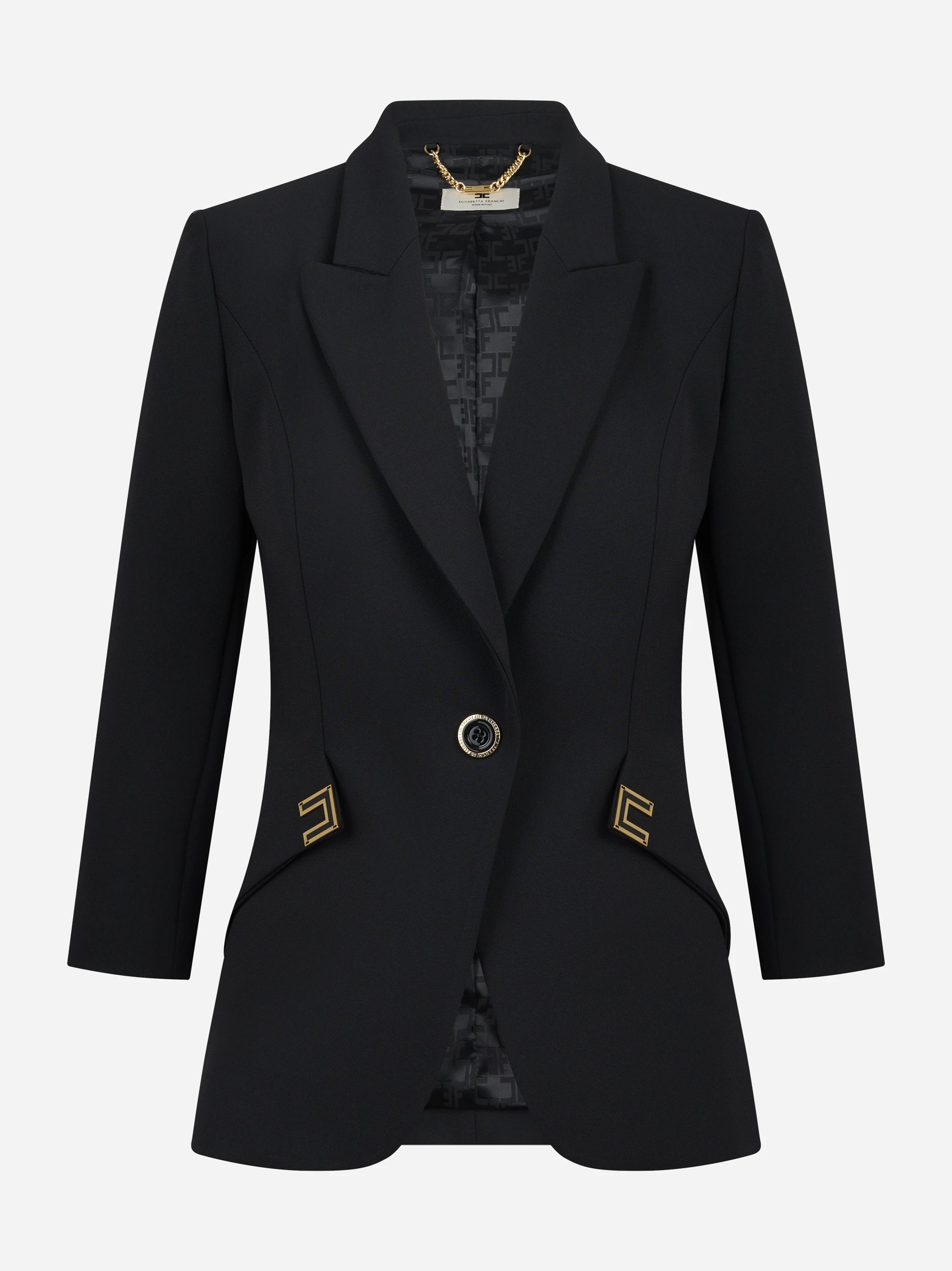 Blazer nero in doppio crepe stretch con dettagli logo