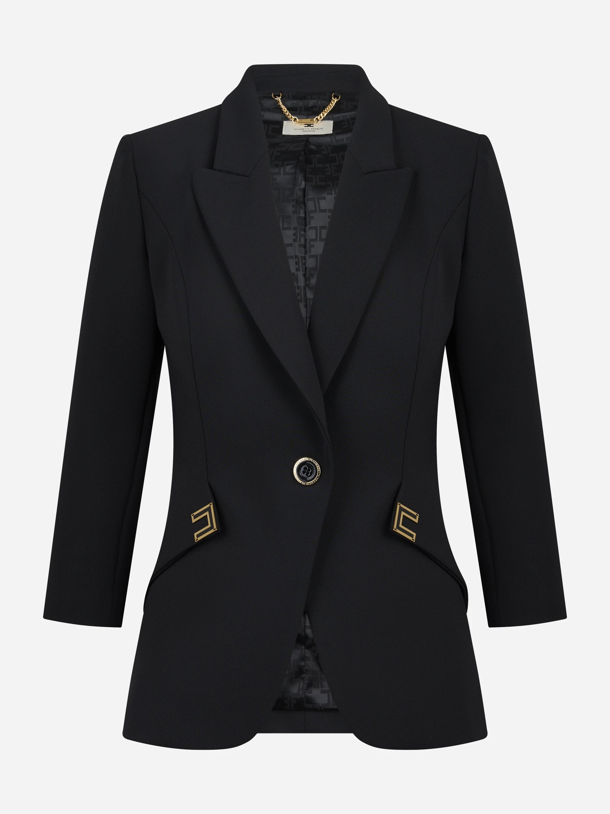 Blazer nero in doppio crepe stretch con dettagli logo