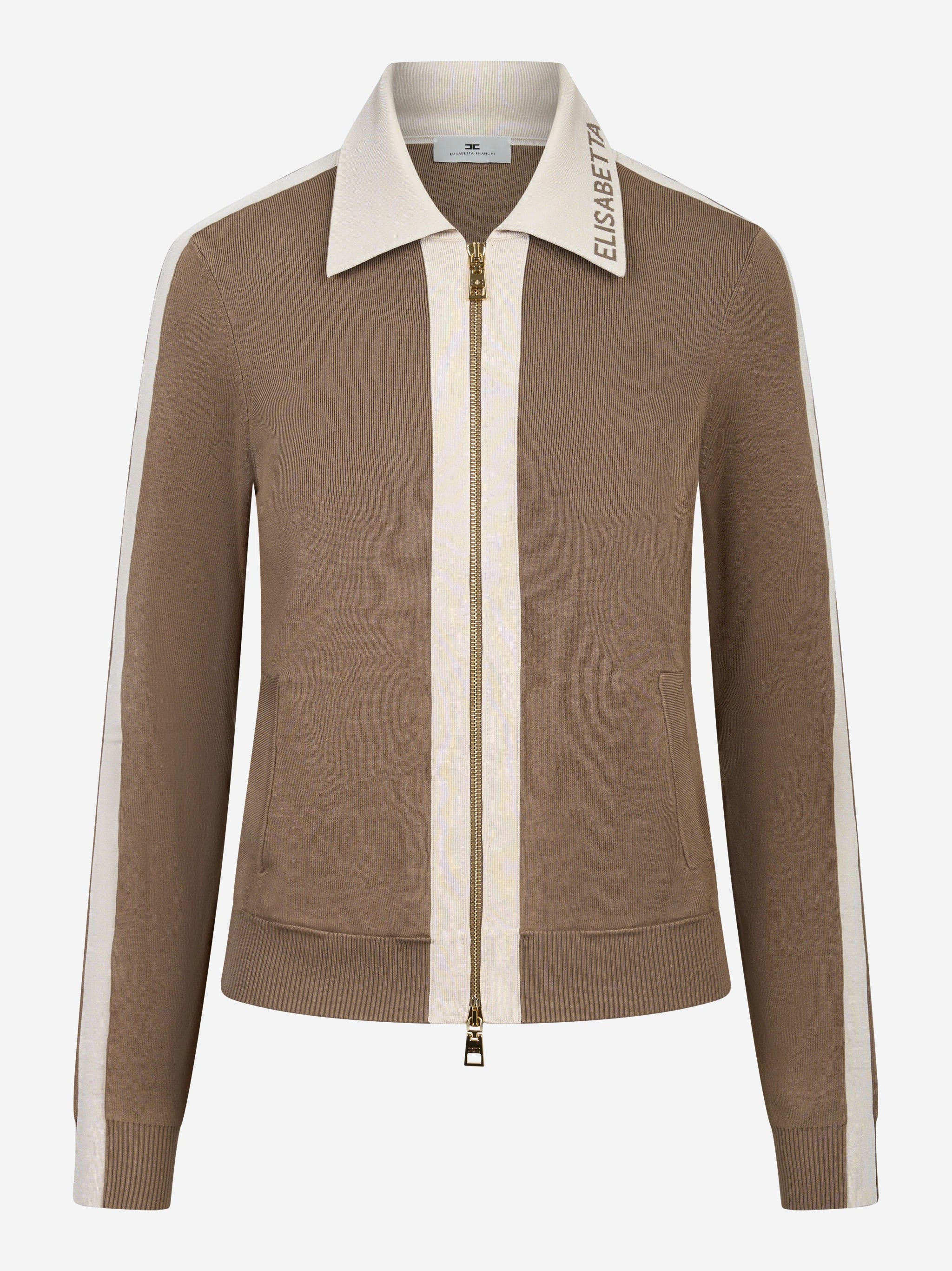 Giacca in maglia beige con bande in viscosa lucida