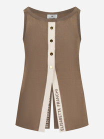 Top in maglia beige con bande in viscosa lucida