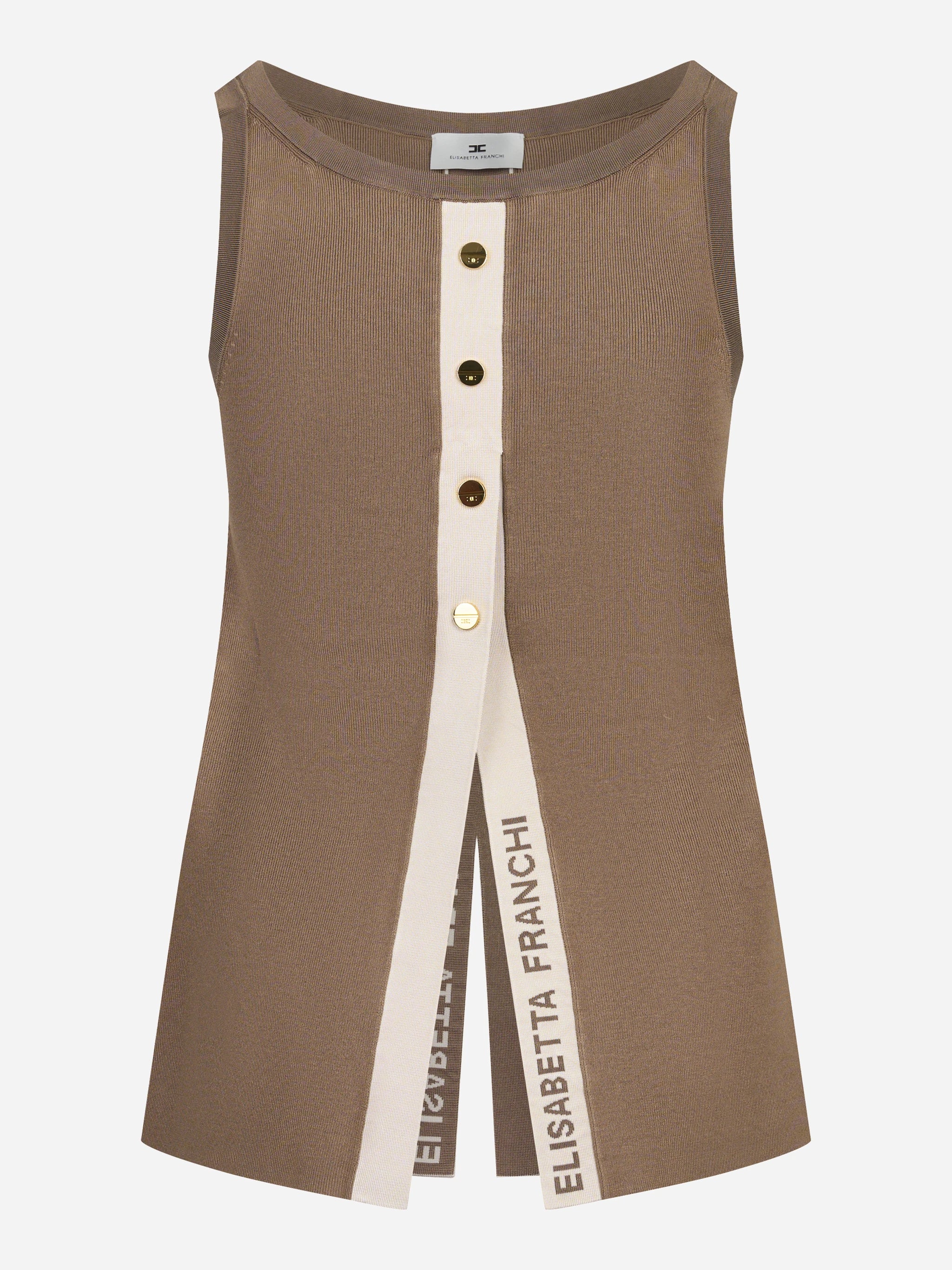 Top in maglia beige con bande in viscosa lucida