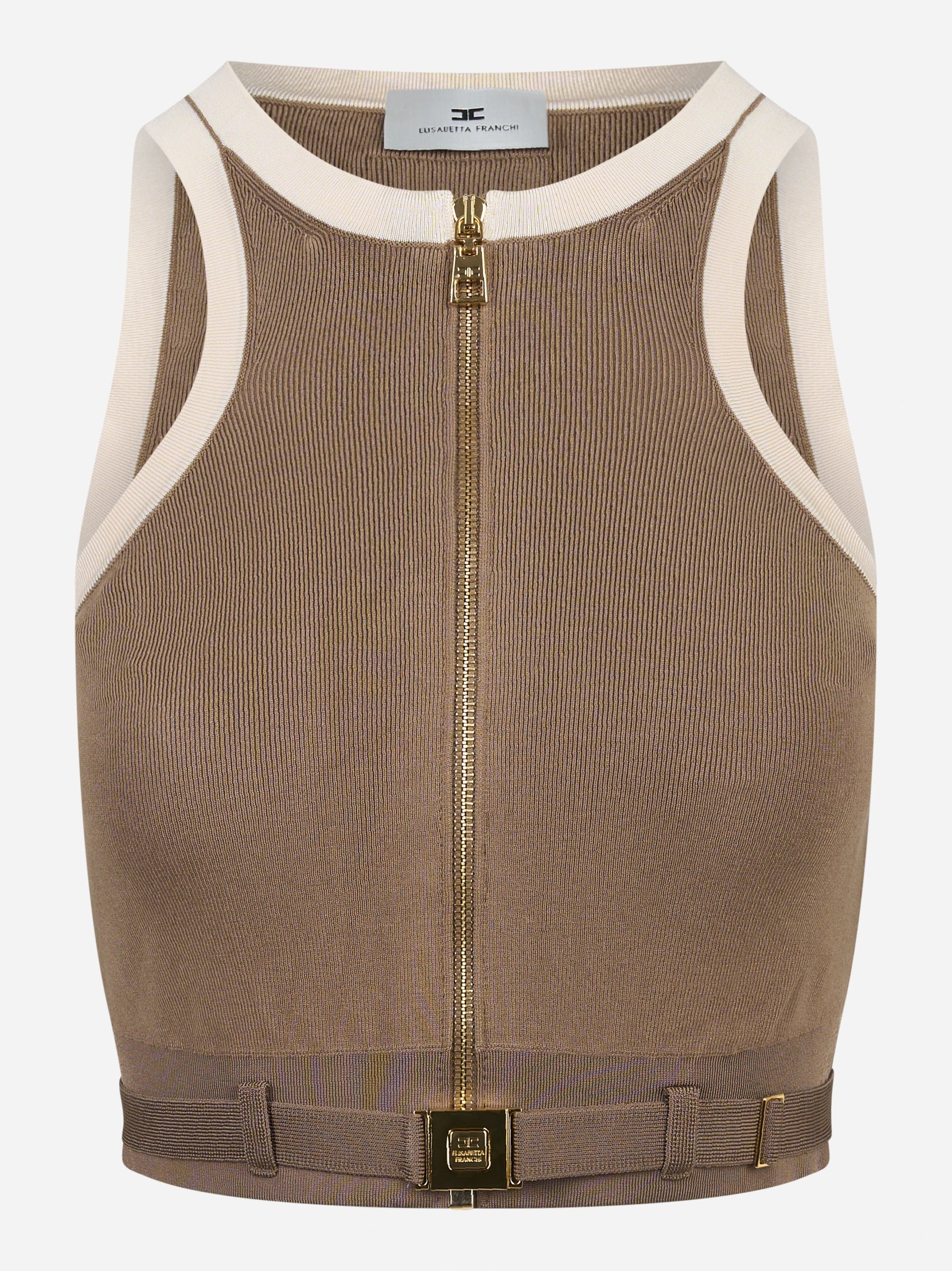 Top in maglia beige con bande in viscosa lucidacon cintura