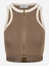 Top in maglia beige con bande in viscosa lucidacon cintura