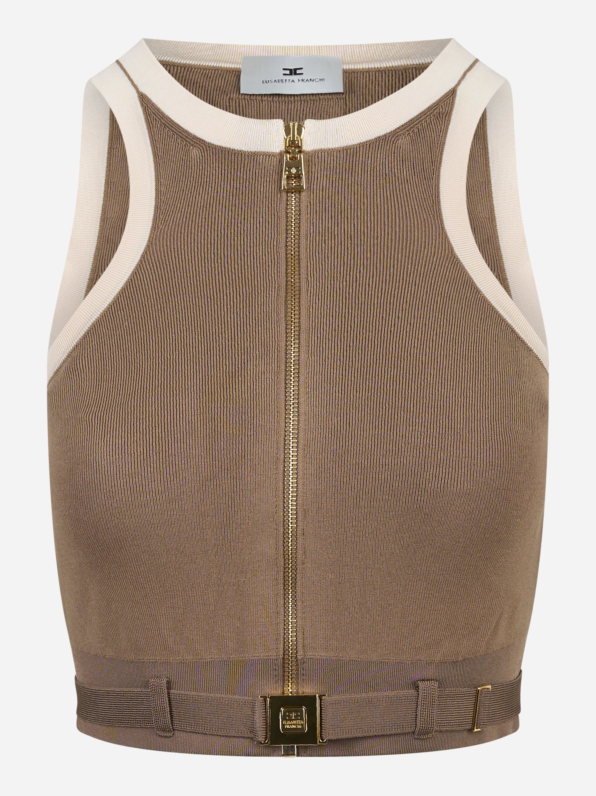 Top in maglia beige con bande in viscosa lucidacon cintura