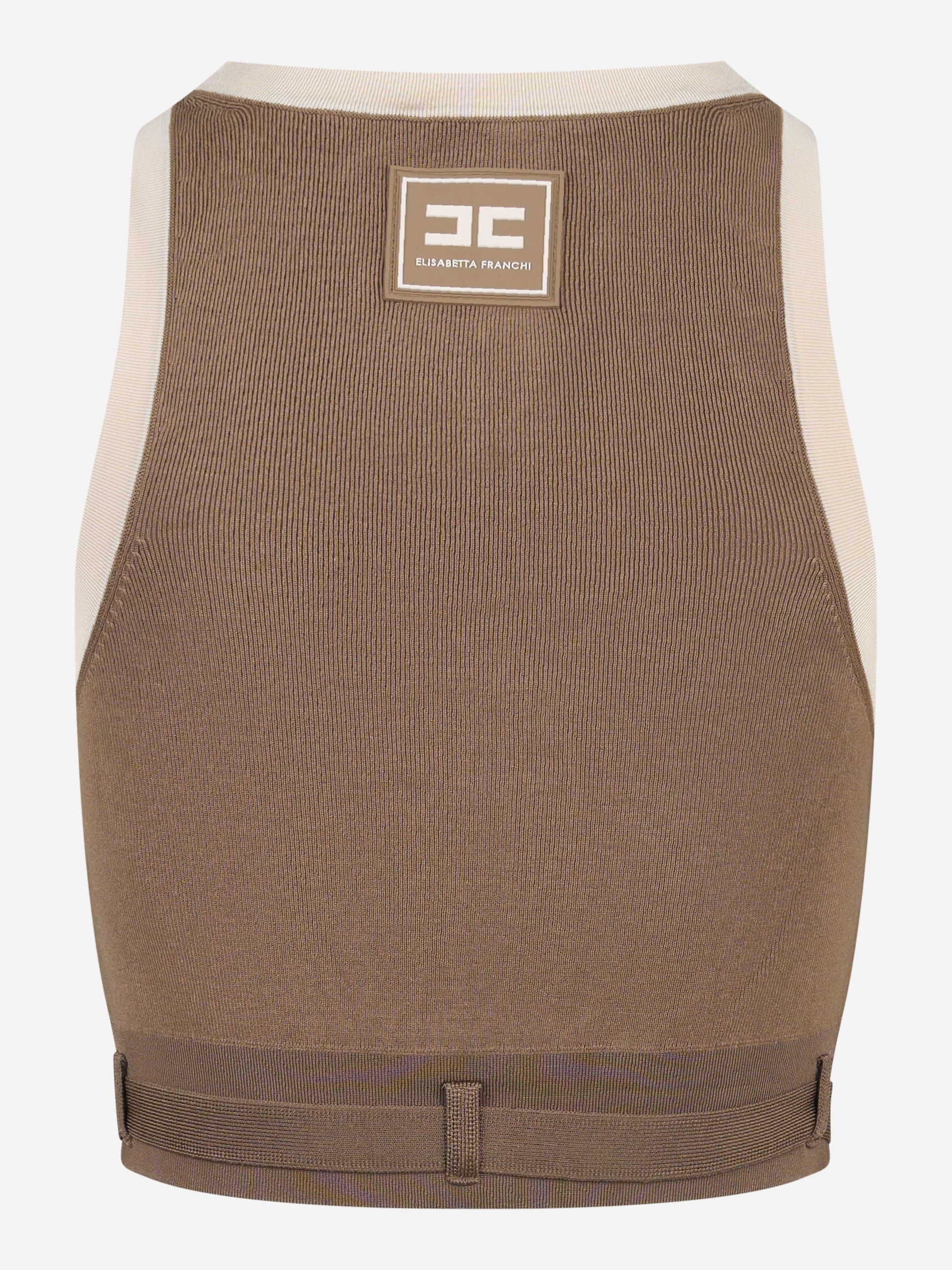 Top in maglia beige con bande in viscosa lucidacon cintura