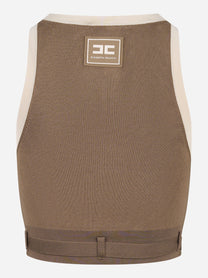 Top in maglia beige con bande in viscosa lucidacon cintura