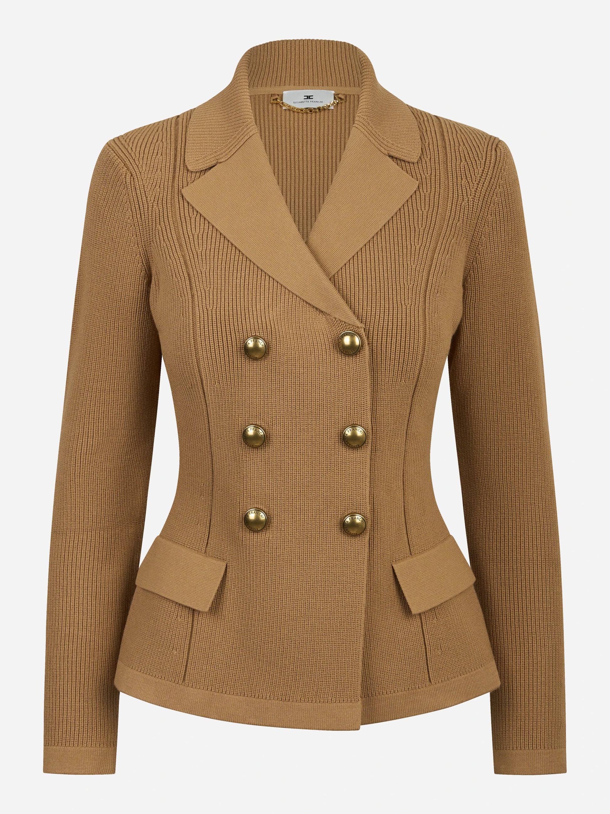 Giacca in maglia beige con bottoni gioiello