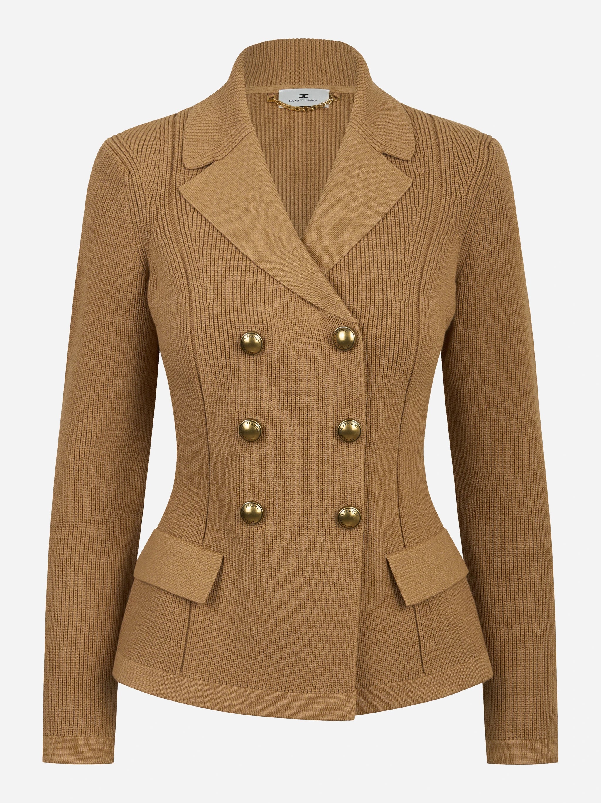 Giacca in maglia beige con bottoni gioiello