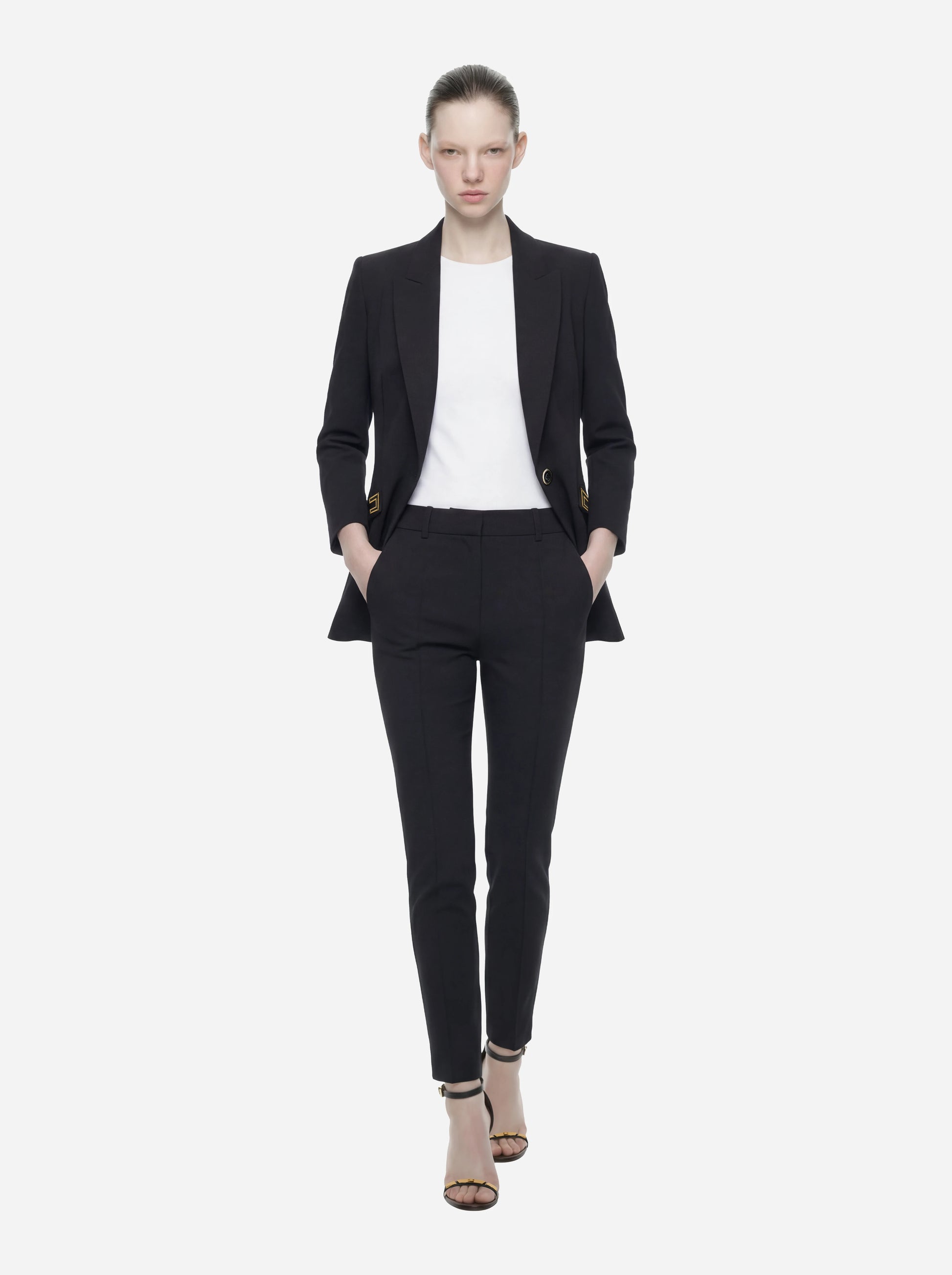 Blazer nero in doppio crepe stretch con dettagli logo