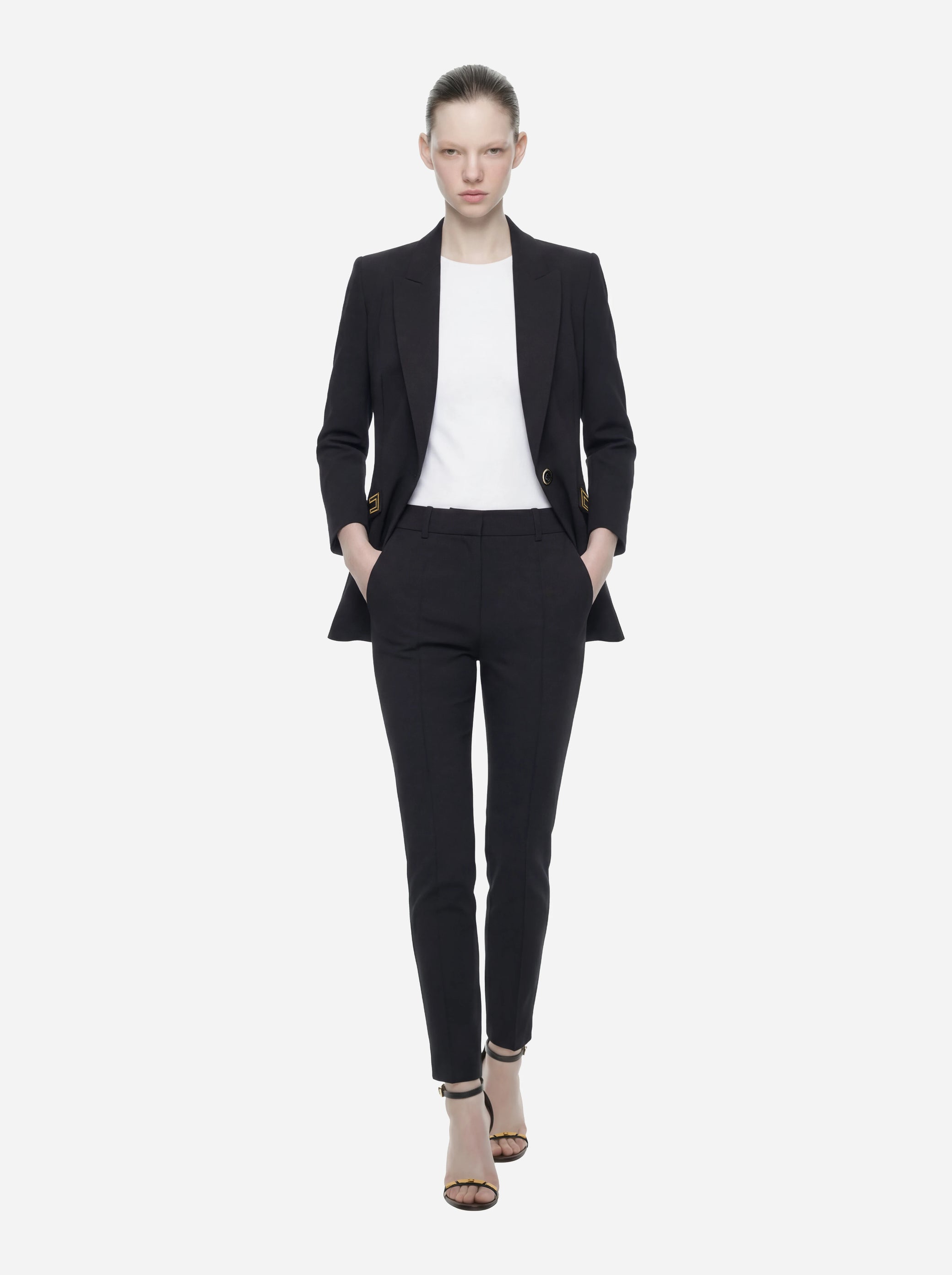 Blazer nero in doppio crepe stretch con dettagli logo