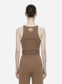 Top in maglia beige con bande in viscosa lucidacon cintura