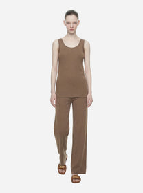 Top in maglia beige con bande in viscosa lucida