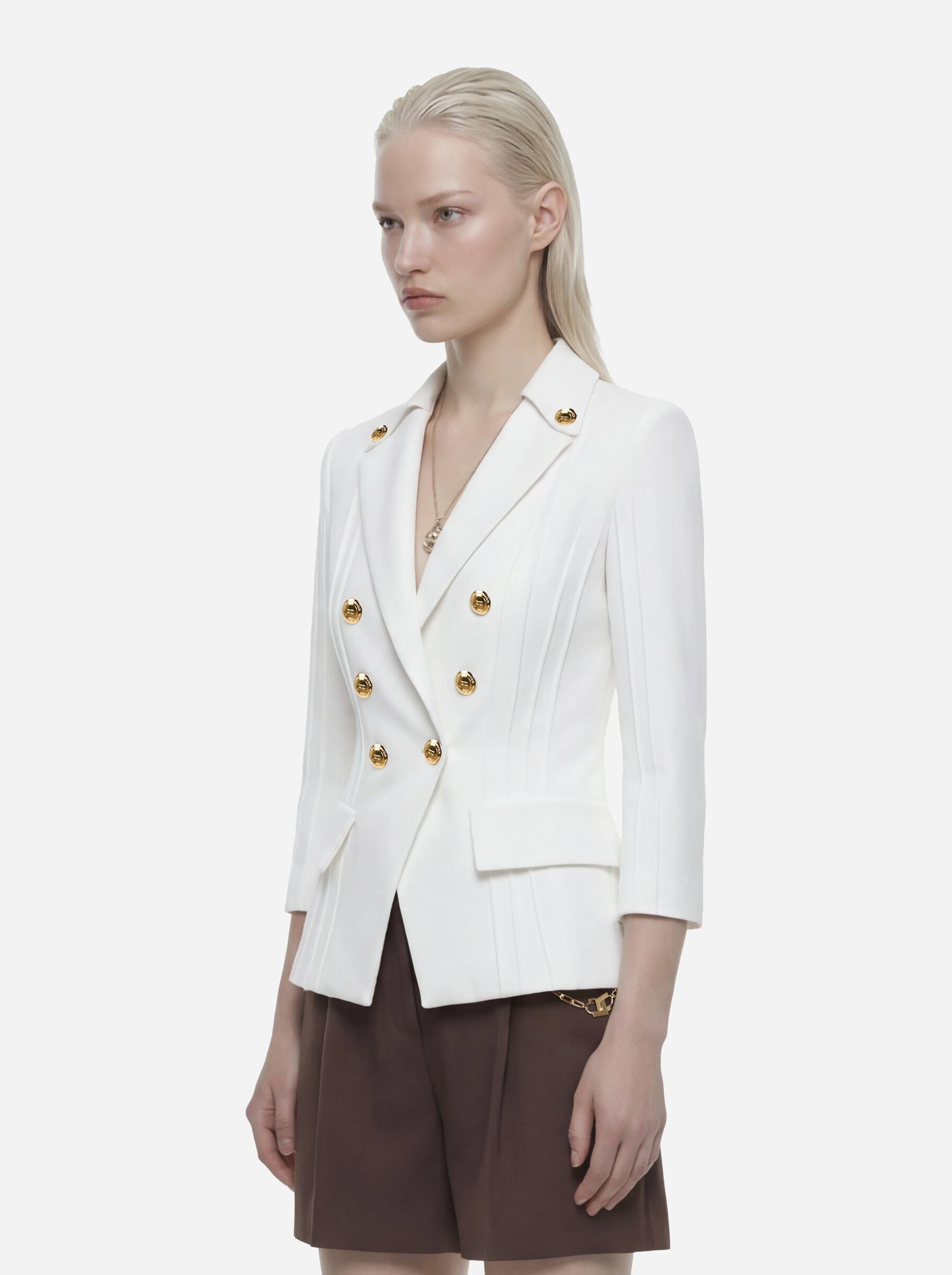 Blazer bianco in doppio crêpe stretch con motivi a taglio vivo