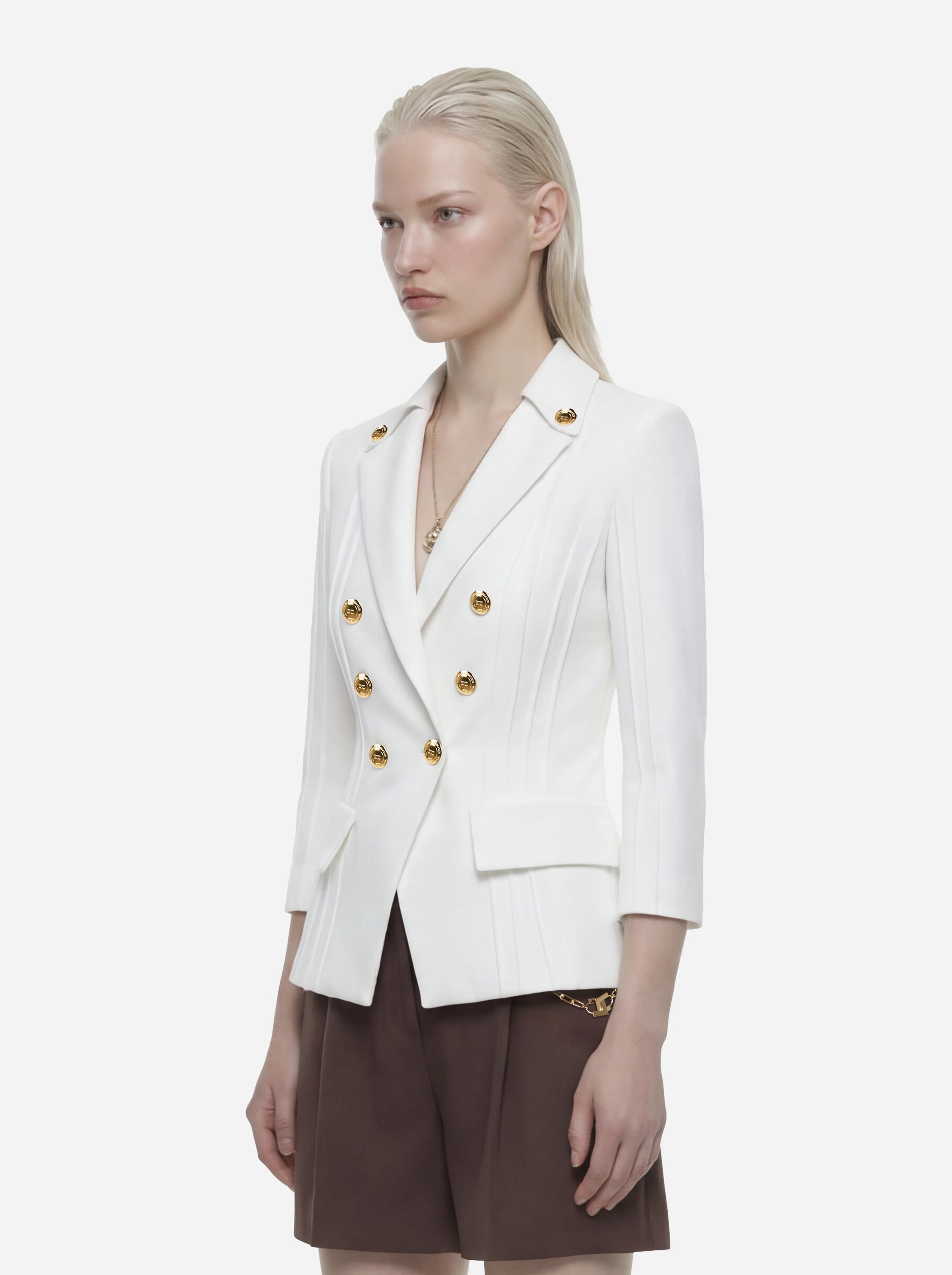 Blazer bianco in doppio crêpe stretch con motivi a taglio vivo