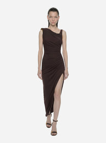 Abito in jersey marrone crepe con spallina gioiello