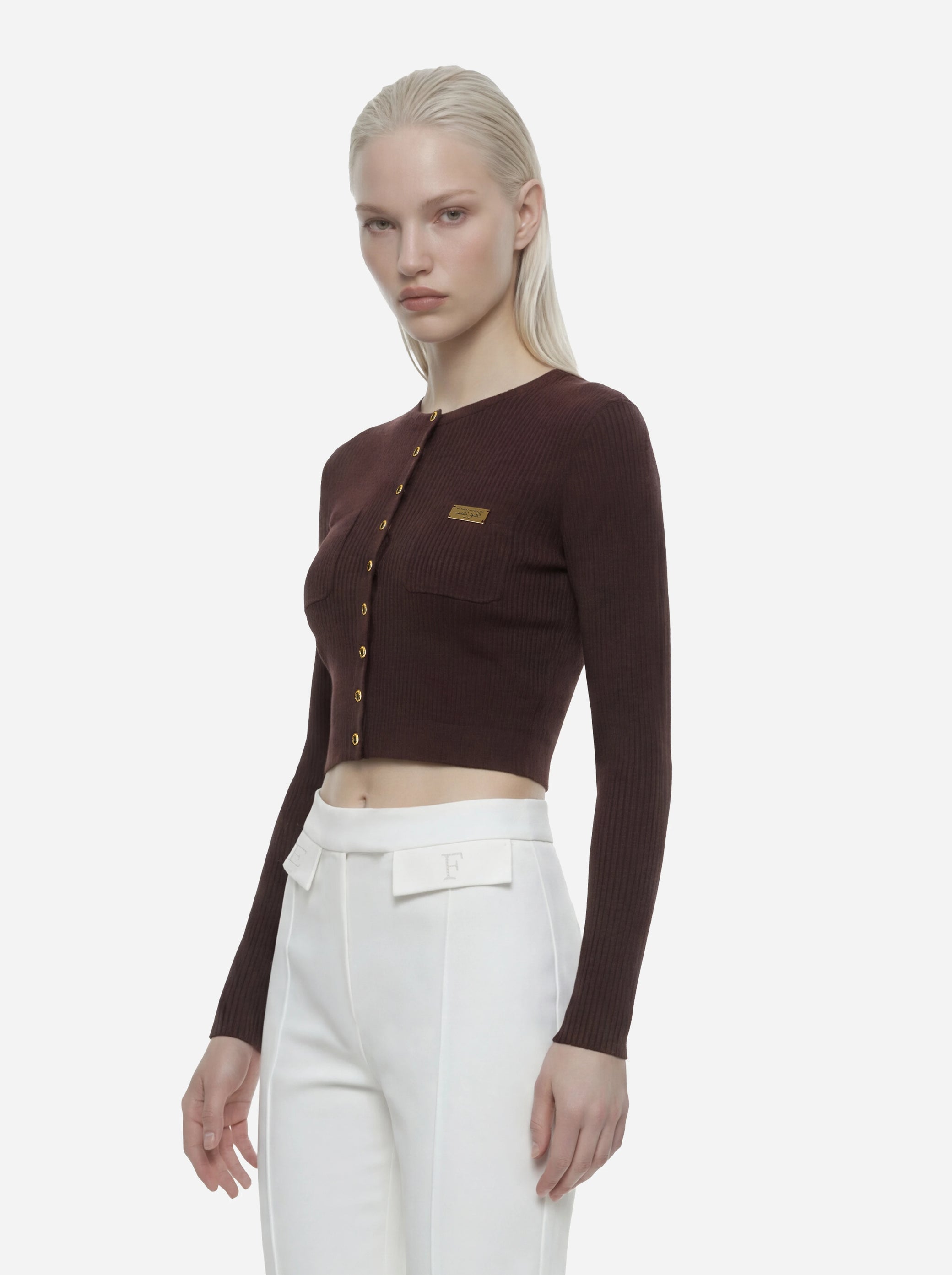 Cardigan in maglia marrone a micro trecce