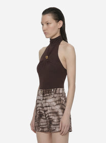 Body in jersey marrone crepe con dettaglio gioiello