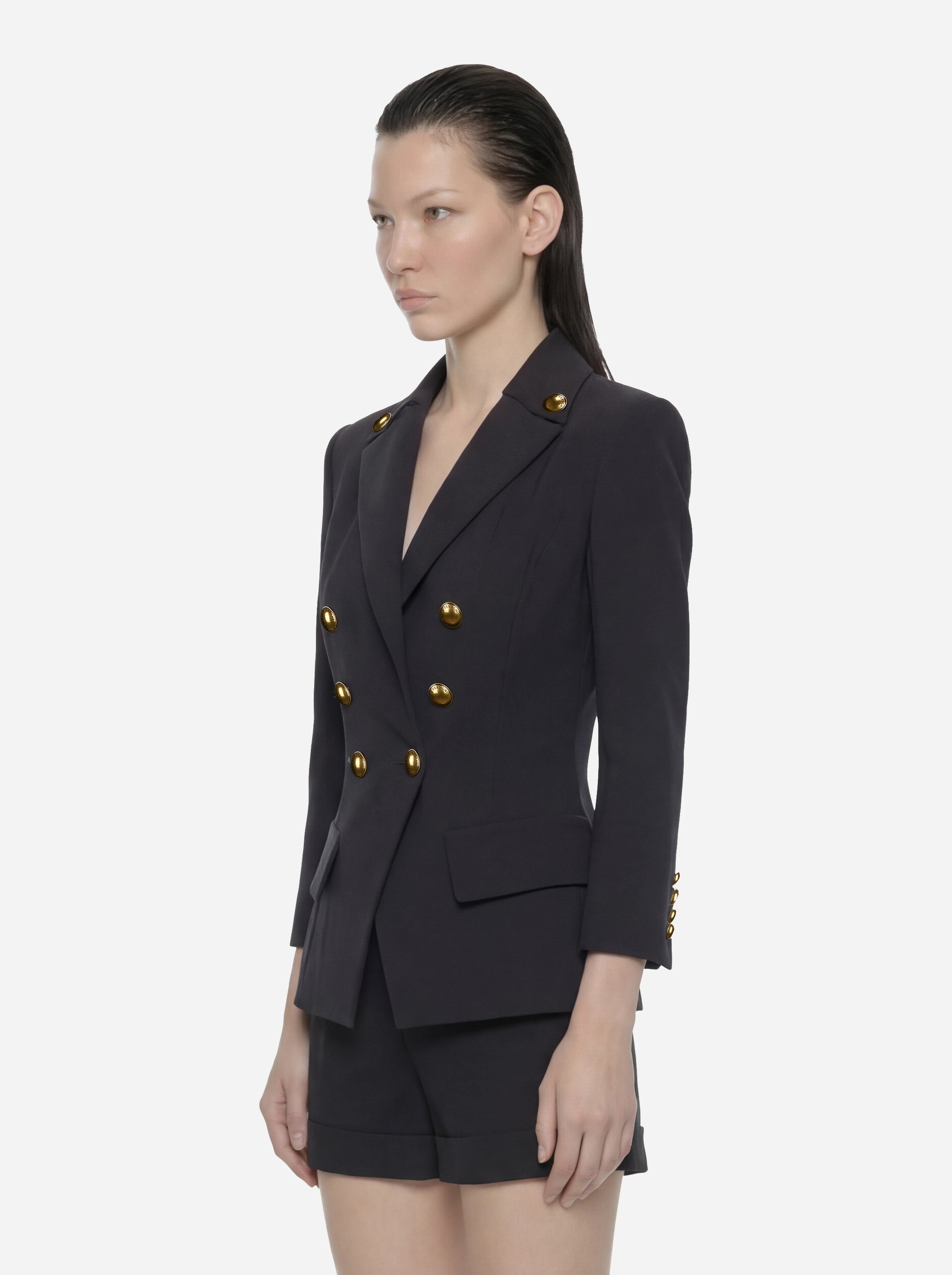 Blazer nero in doppio crêpe stretch con motivi a taglio vivo