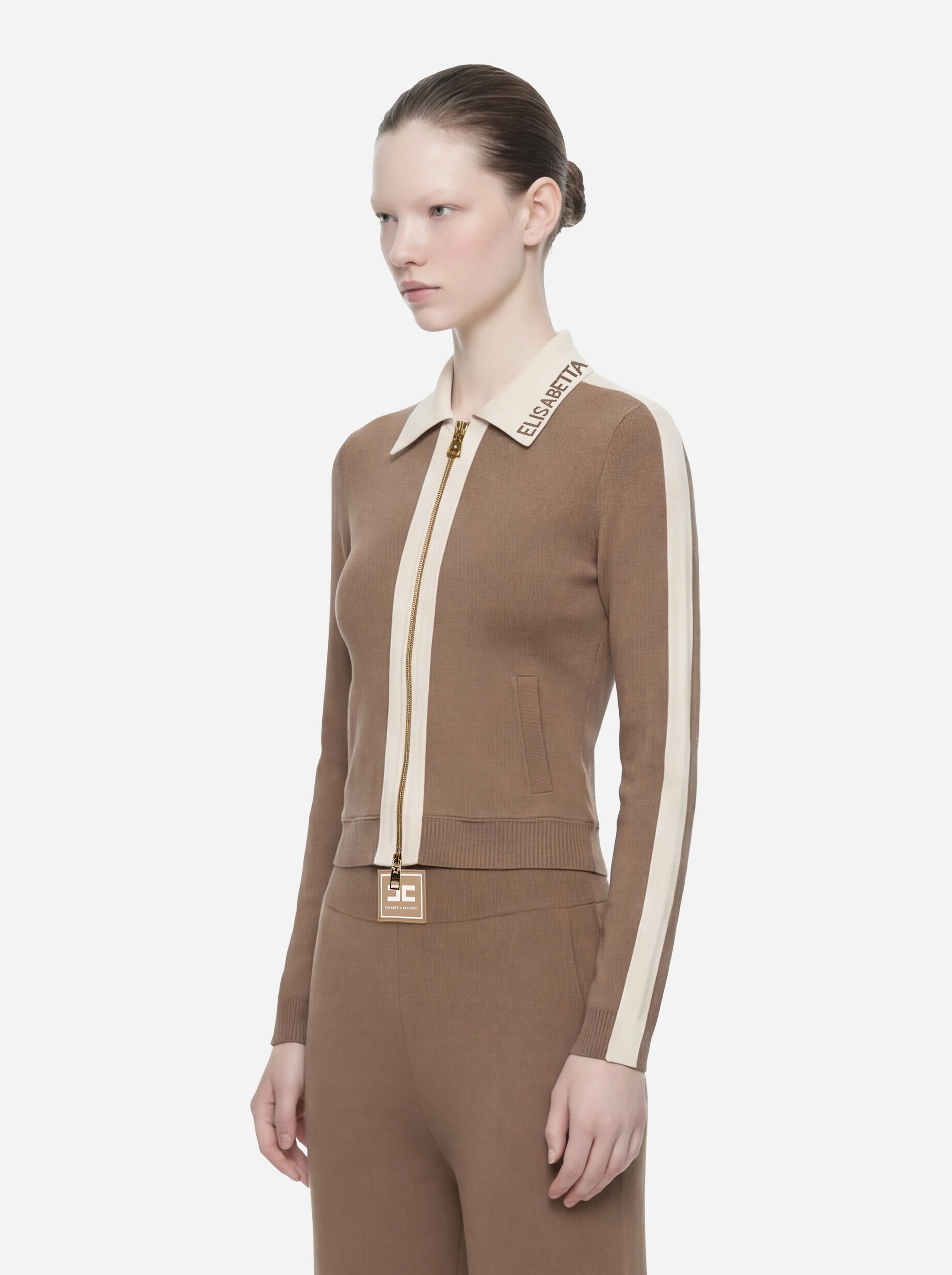 Giacca in maglia beige con bande in viscosa lucida