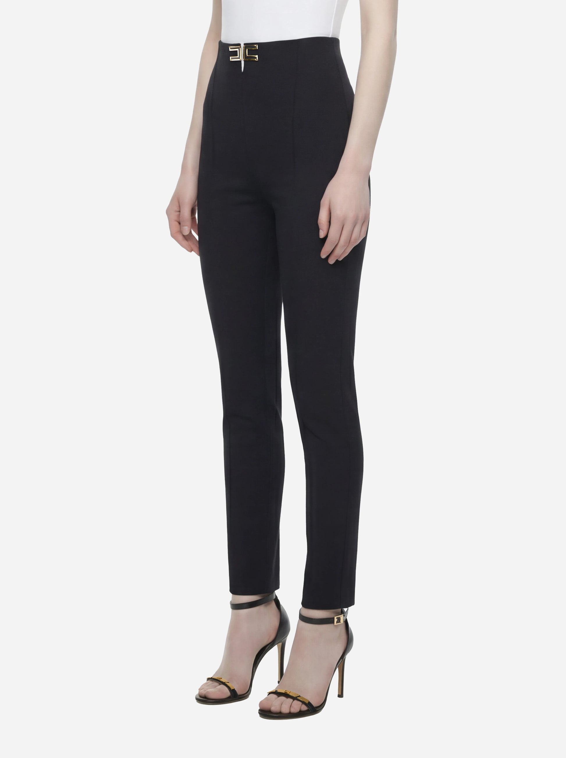 Pantalone nero in doppio crepe stretch con dettagli logo