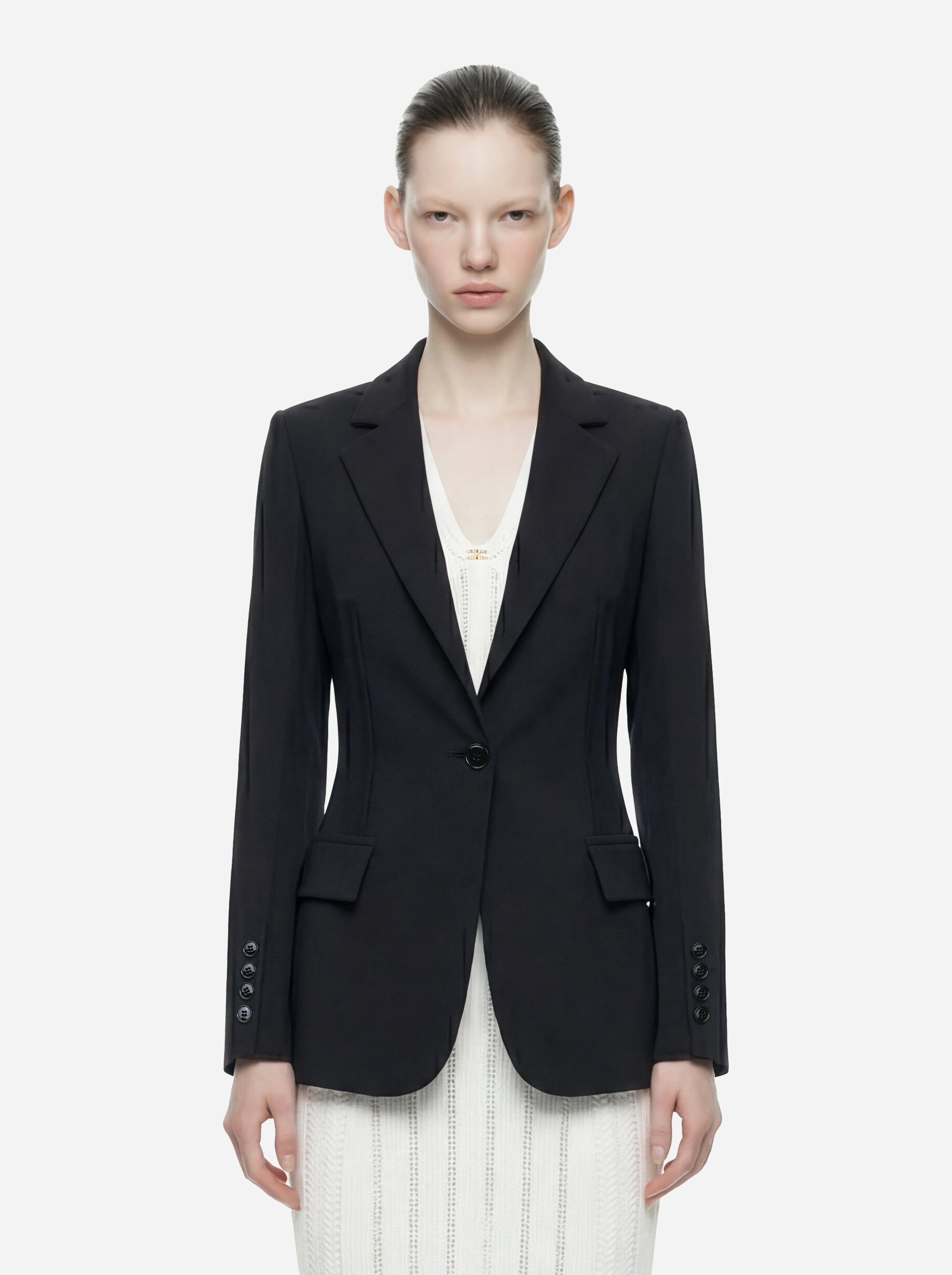 Blazer nero in doppio crepe stretch con motivi a taglio vivo