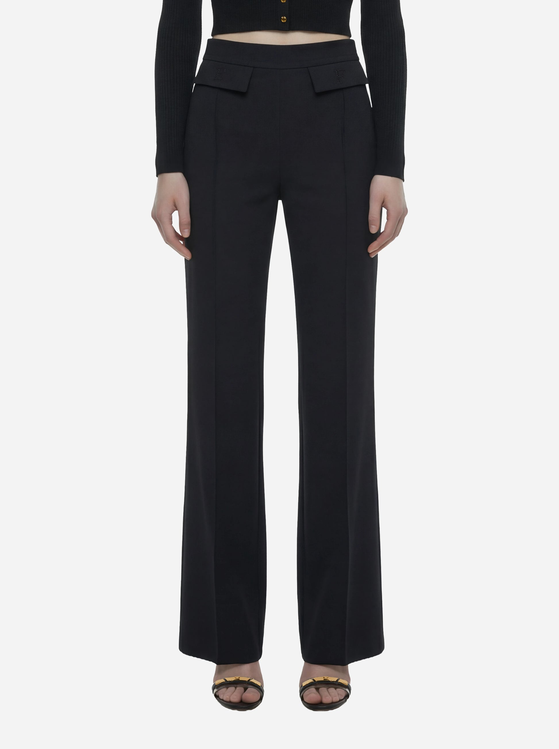 Pantaloni in doppio crepe stretch nero con logo ricamato