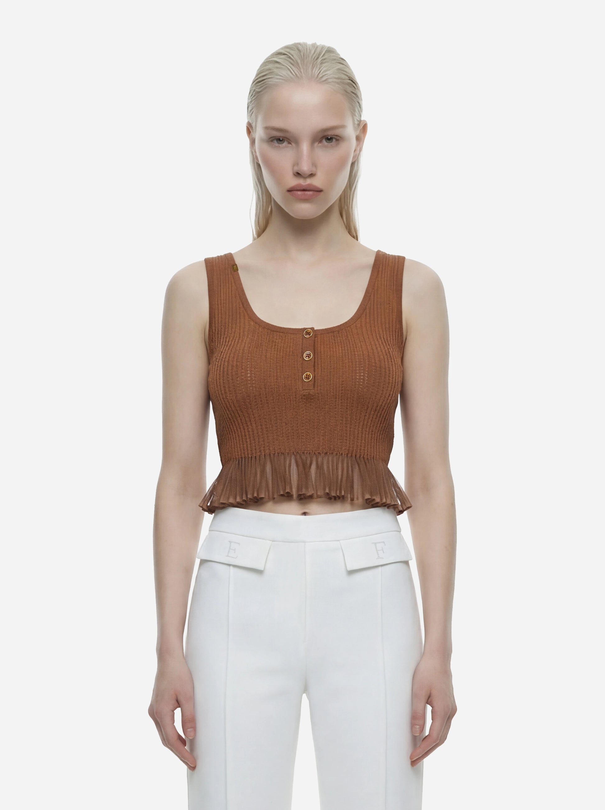 Top in maglia marrone a jour
