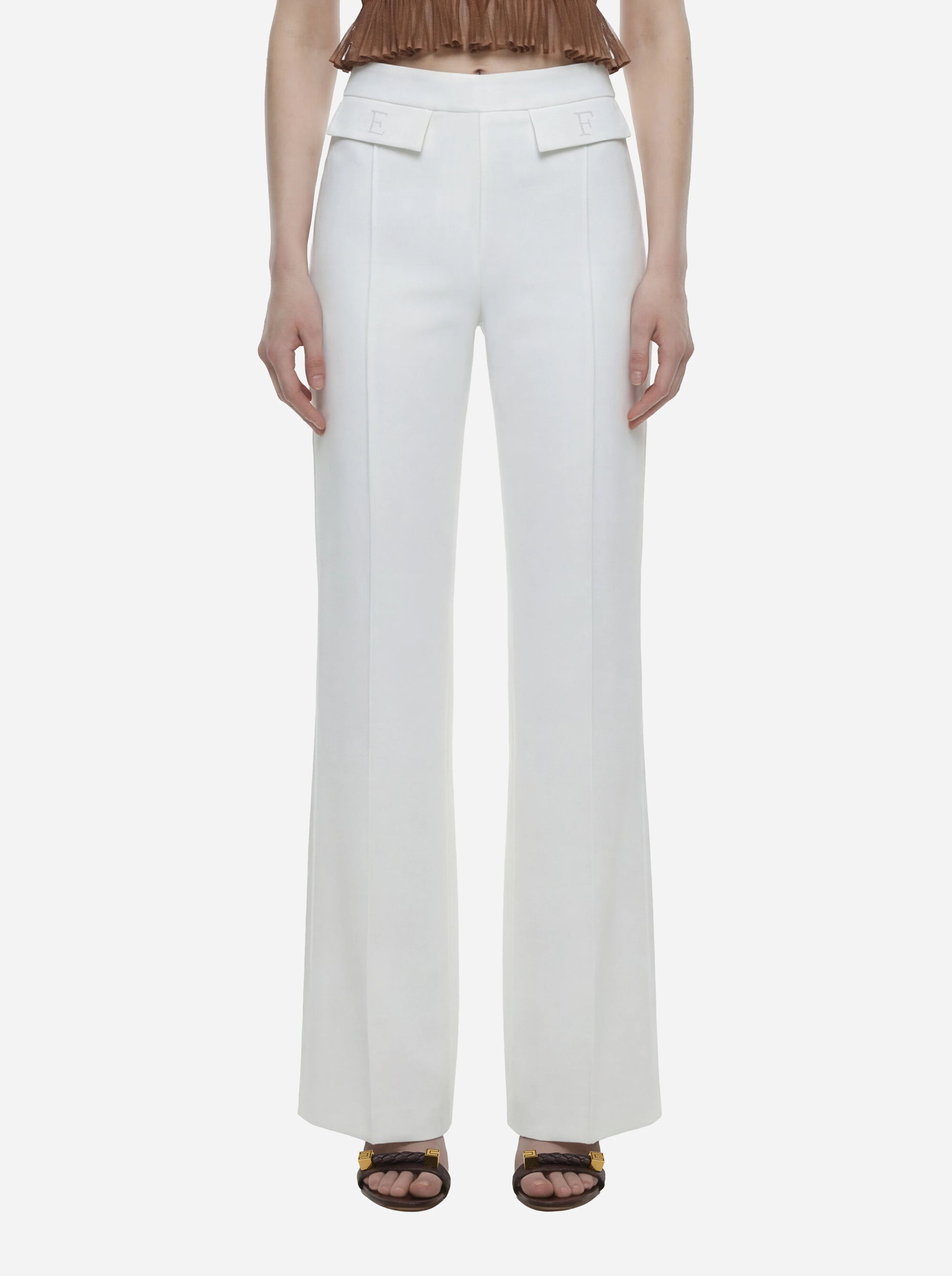 Pantaloni in doppio crepe stretch bianco con logo ricamato