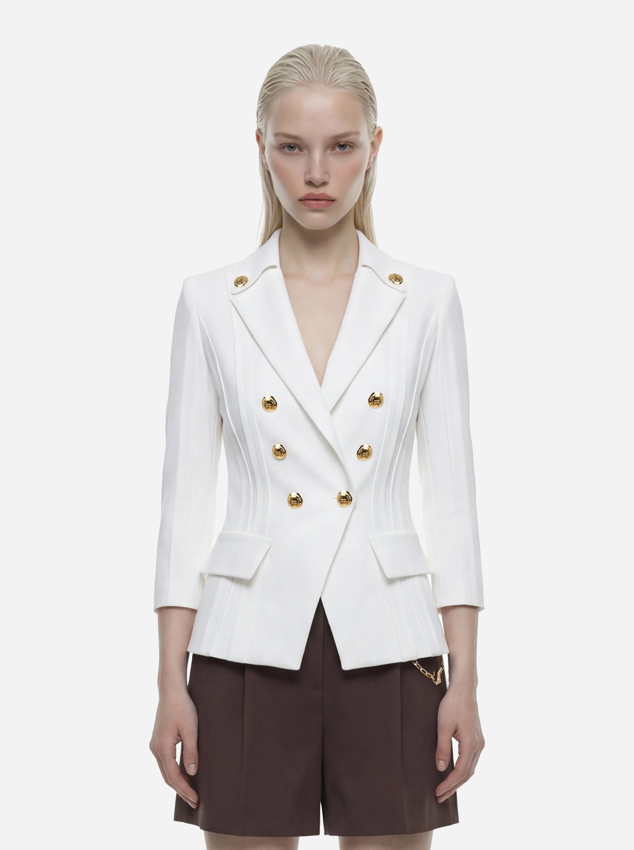 Blazer bianco in doppio crêpe stretch con motivi a taglio vivo