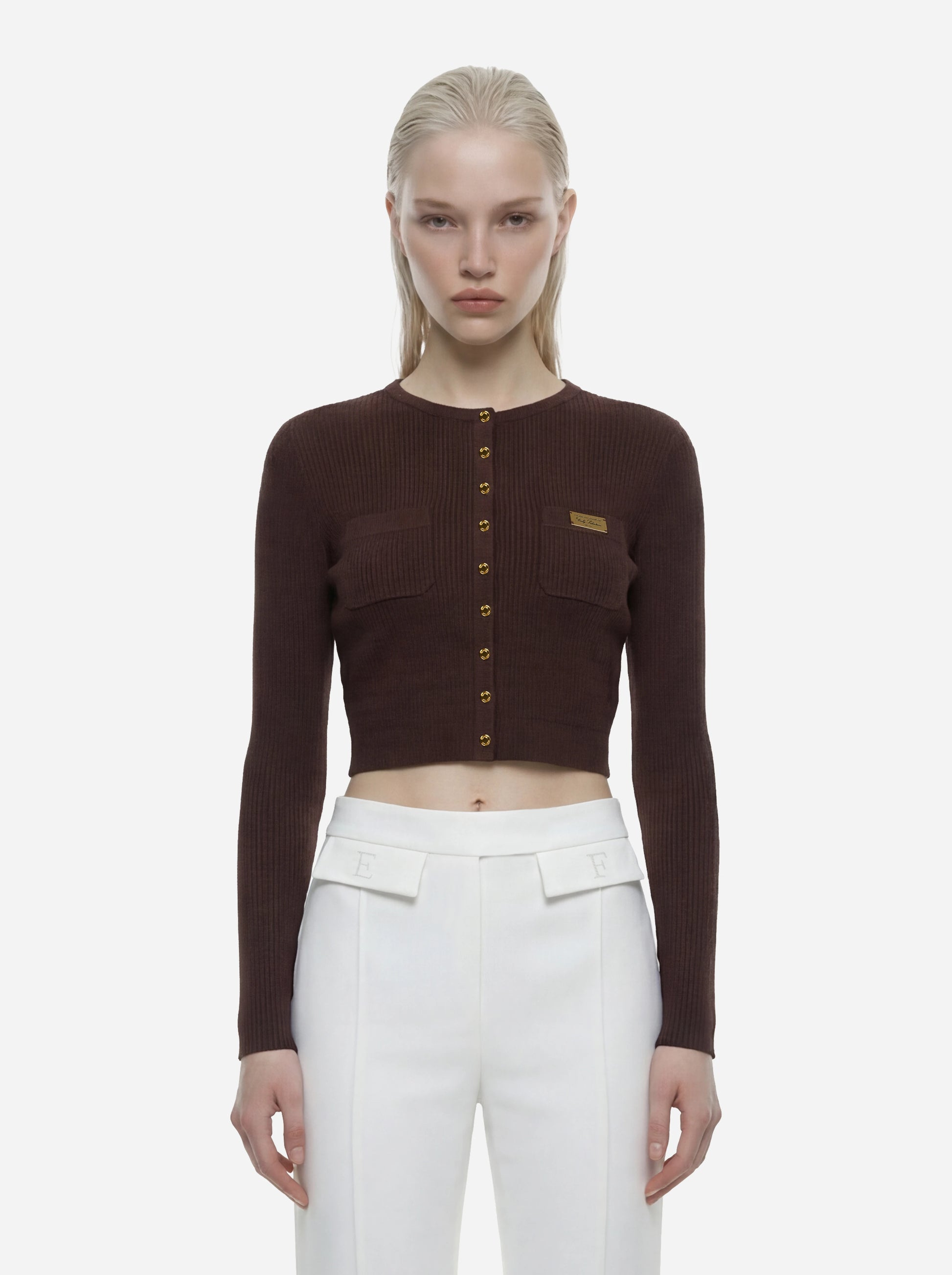 Cardigan in maglia marrone a micro trecce