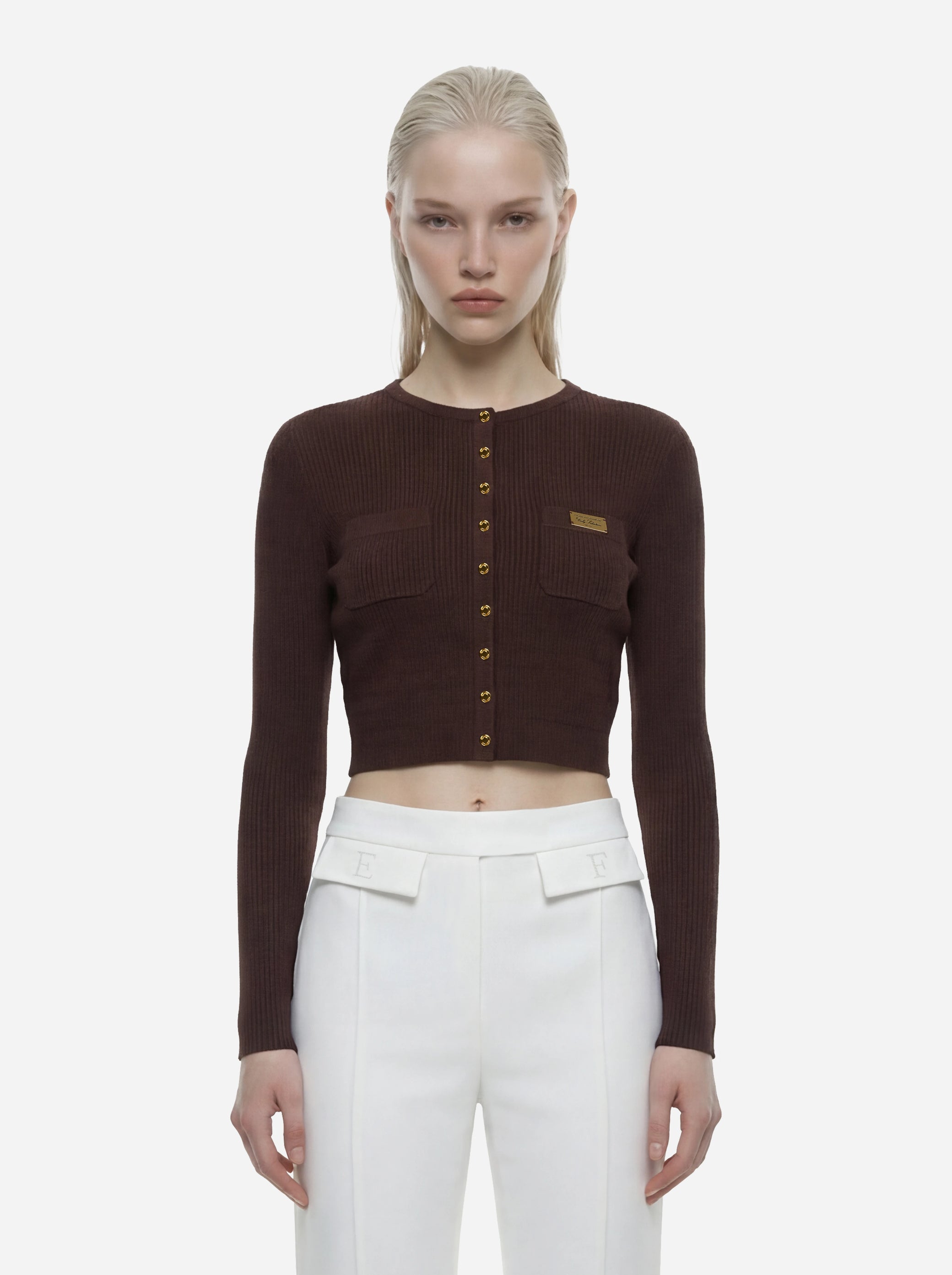 Cardigan in maglia marrone a micro trecce