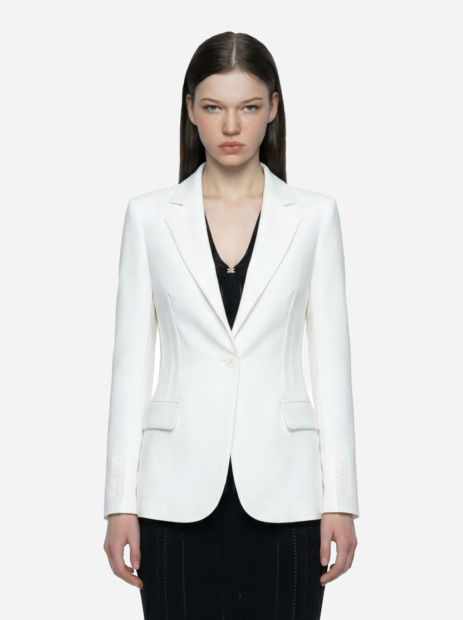 Blazer bianco in doppio crepe stretch con motivi a taglio vivo